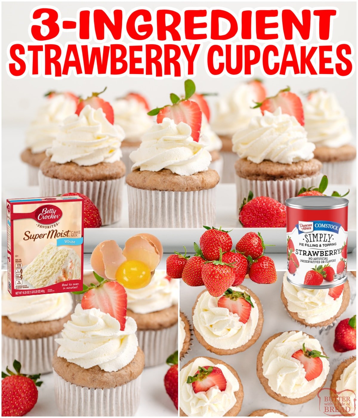3-Ingredient Strawberry Cupcakes are made with white cake mix, strawberry pie filling, and 3 eggs. Top with whipped cream and strawberries for an amazing strawberry dessert that only takes minutes to make! 
