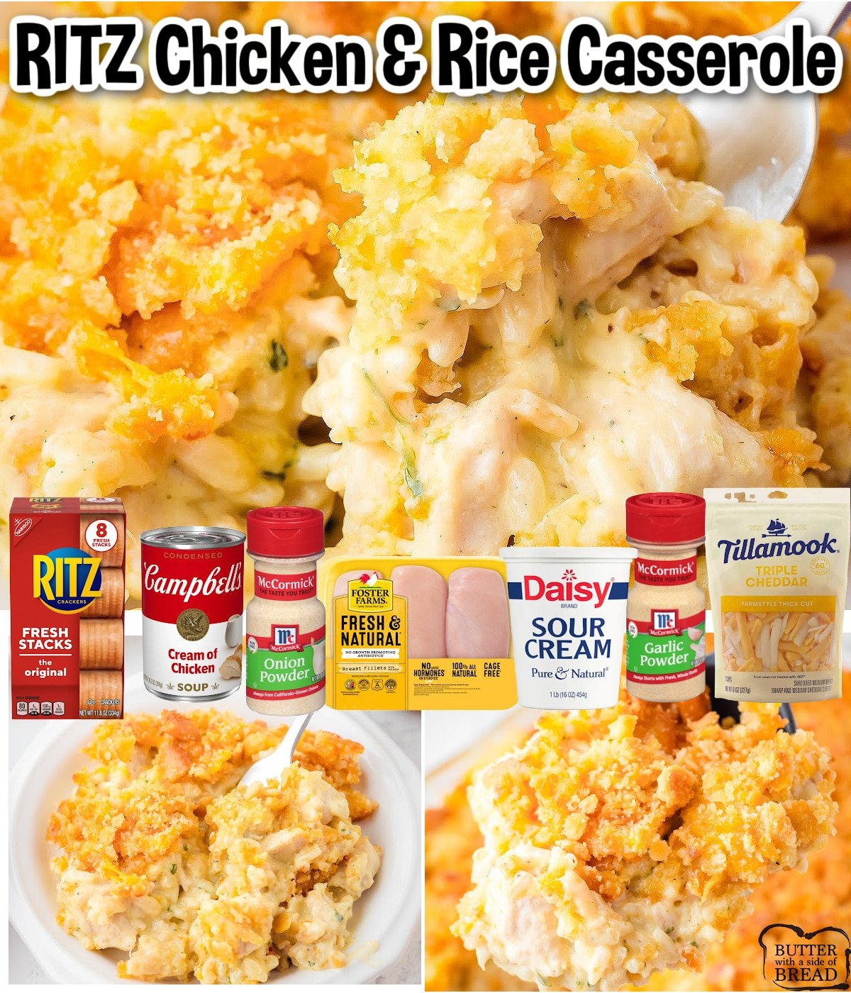 Delicious Ritz Cracker Chicken and Rice Casserole made with simple pantry ingredients for a classic, comforting dish! Creamy, flavorful chicken casserole topped with toasted buttery crackers everyone loves! 