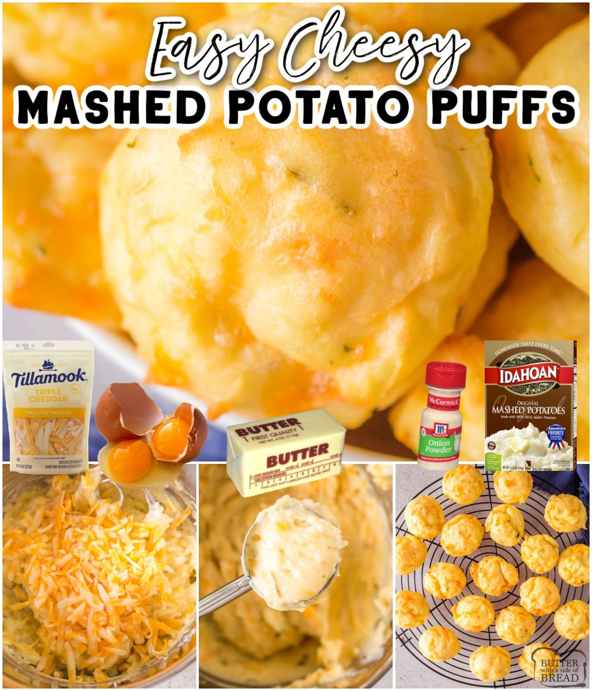 Cheesy Mashed Potato Puffs are mashed potatoes combined with flour, eggs & cheese & baked until puffy & golden brown. These buttery potato poppers are crispy on the outside, creamy on the inside & utterly delicious!