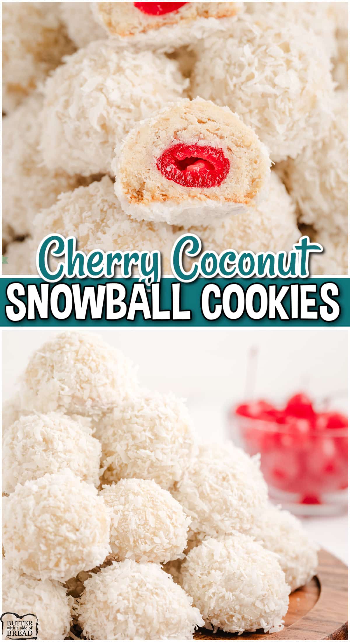 Cherry Snowballs are tender cookies with a hidden cherry inside! Buttery cookie hides a cherry & is rolled in sweet glaze & coconut. 