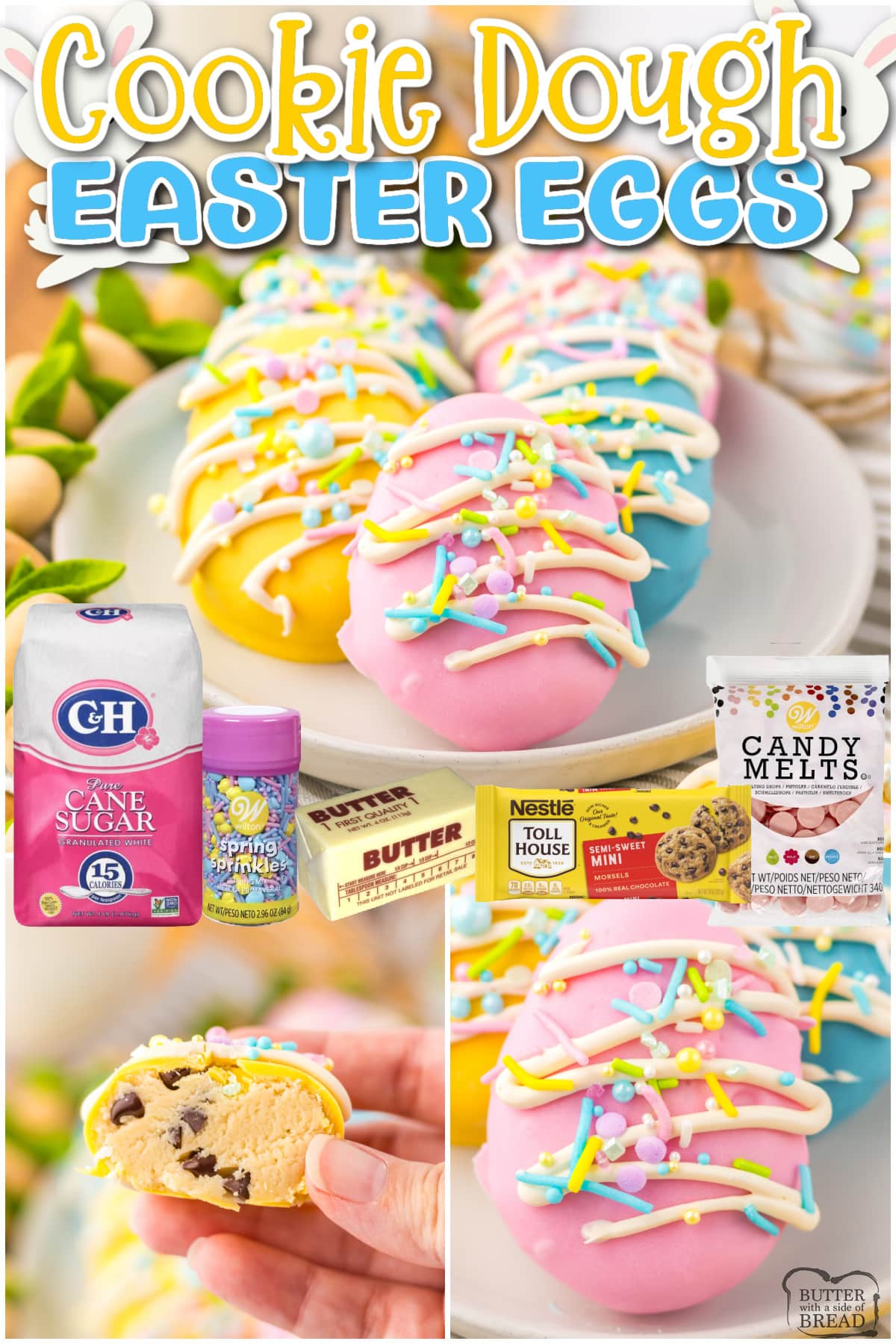 Cookie Dough Easter Eggs are the perfect no-bake dessert for Easter. Edible cookie dough in the shape of Easter eggs that are dipped in pastel-colored chocolate and then decorated.  