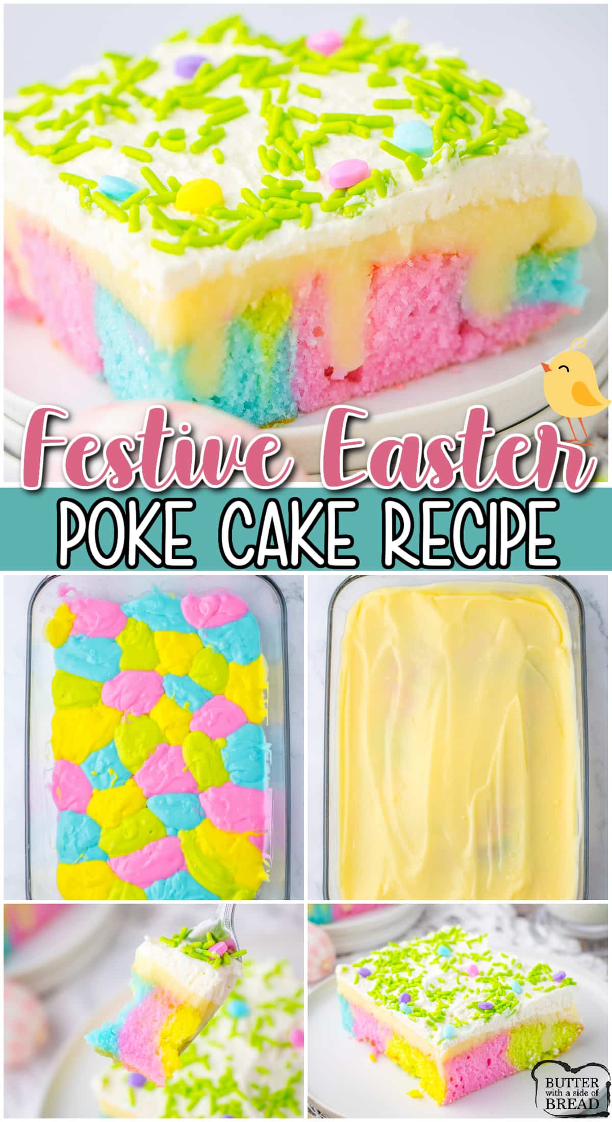 Festive Easter Poke Cake starts with a cake mix which is baked & poked, layered with a white chocolate pudding & topped with a sweetened whipped cream and sprinkles! This colorful and flavorful pudding poke cake is perfect for any Easter celebration, and it's incredibly easy to make.