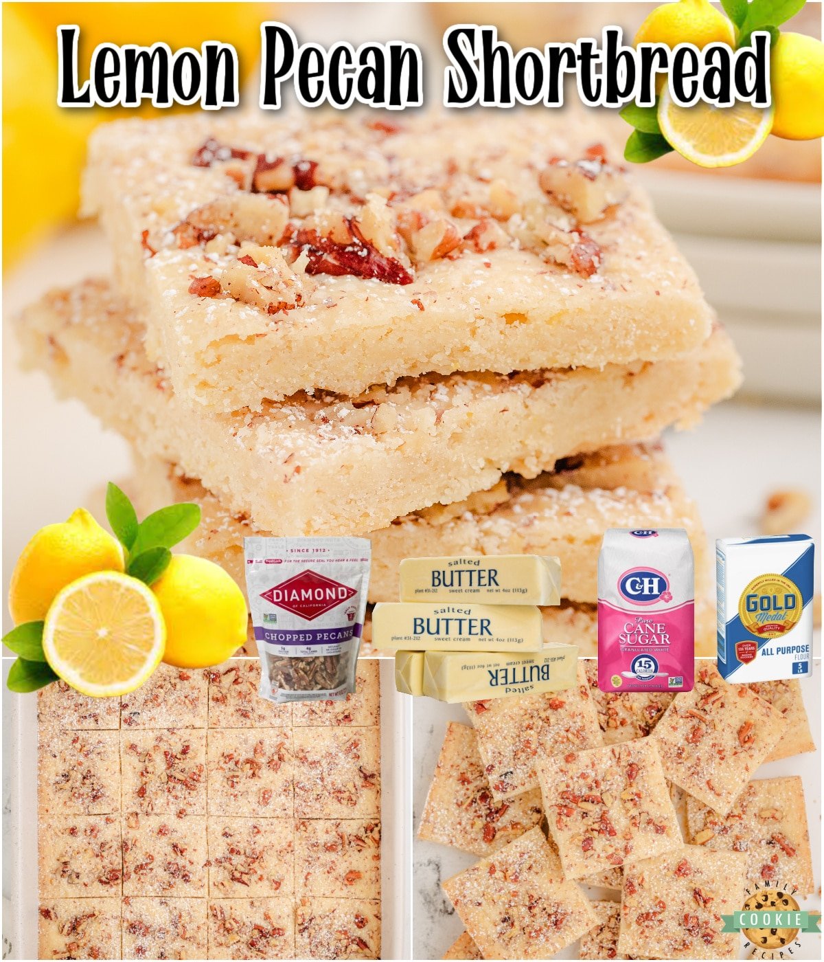 Lemon Pecan Shortbread Squares are a classic dessert that are known for their buttery, crumbly texture & bright, tangy flavor. To make these soft lemon cookies, all you need is a few simple ingredients: butter, sugar, flour, pecans, lemon extract, and lemon zest.