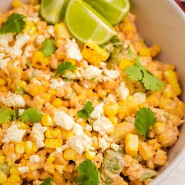 Mexican Street Corn Salad recipe in a white bowl