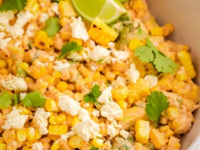 Mexican Street Corn Salad recipe in a white bowl