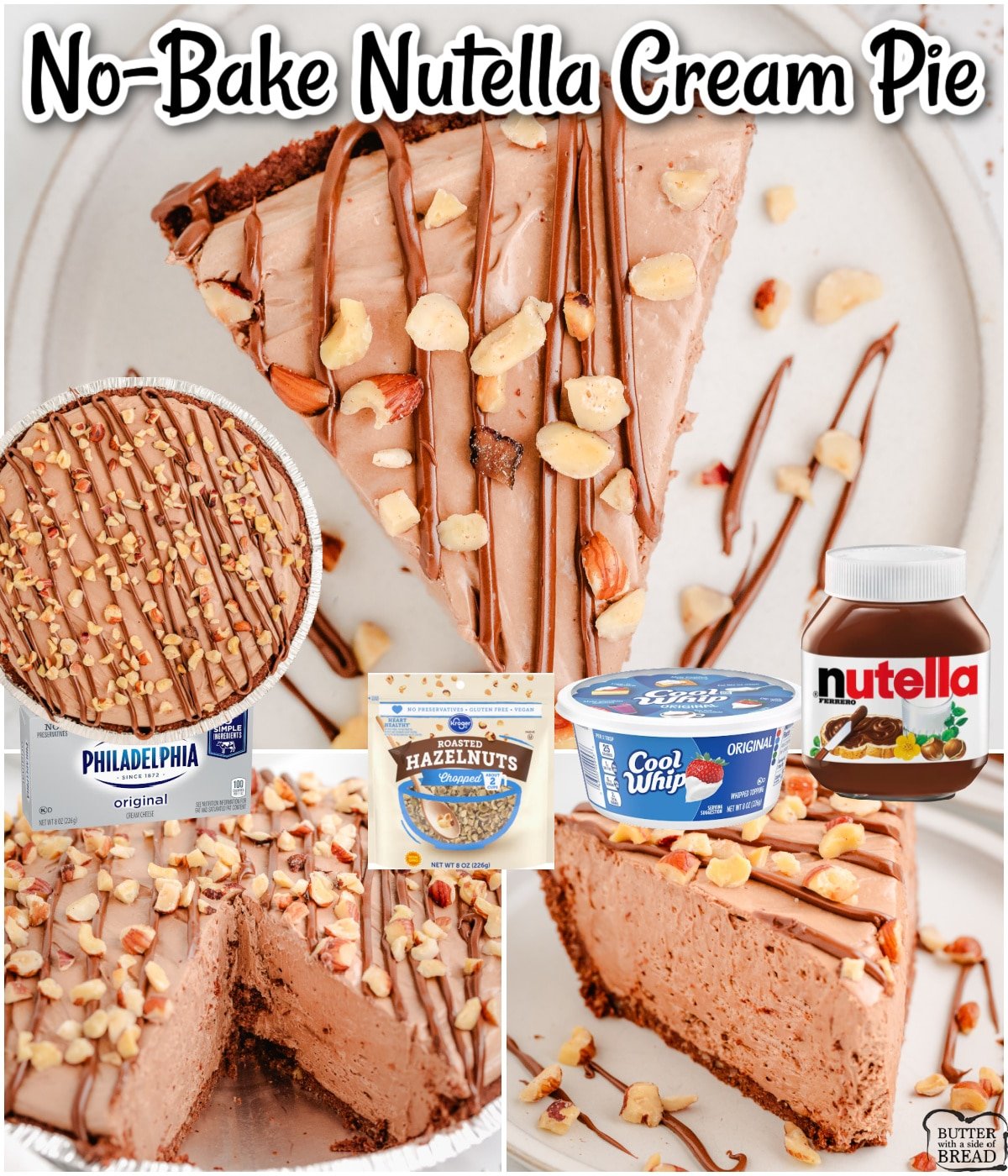 Simple No Bake Nutella Cream Pie that's made in minutes and perfect for hazelnut lovers! Nutella, cream cheese, sugar & whipped topping combine for a fantastic no bake chocolate pie that everyone enjoys.