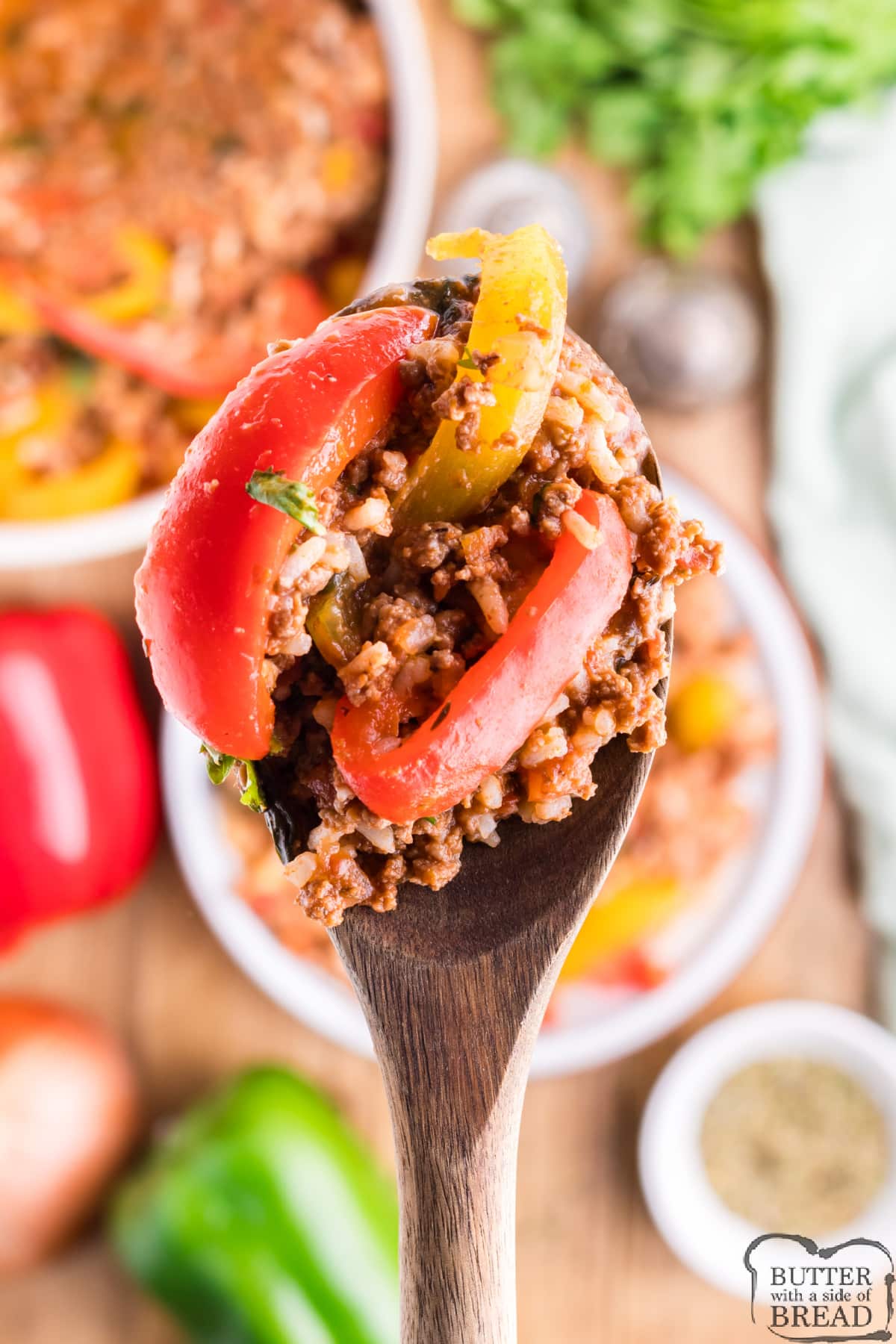 One-Pot Stuffed Pepper Casserole made in less than 30 minutes is the perfect weeknight dinner recipe. Delicious casserole recipe made with ground beef, rice, peppers, and tons of flavor! 