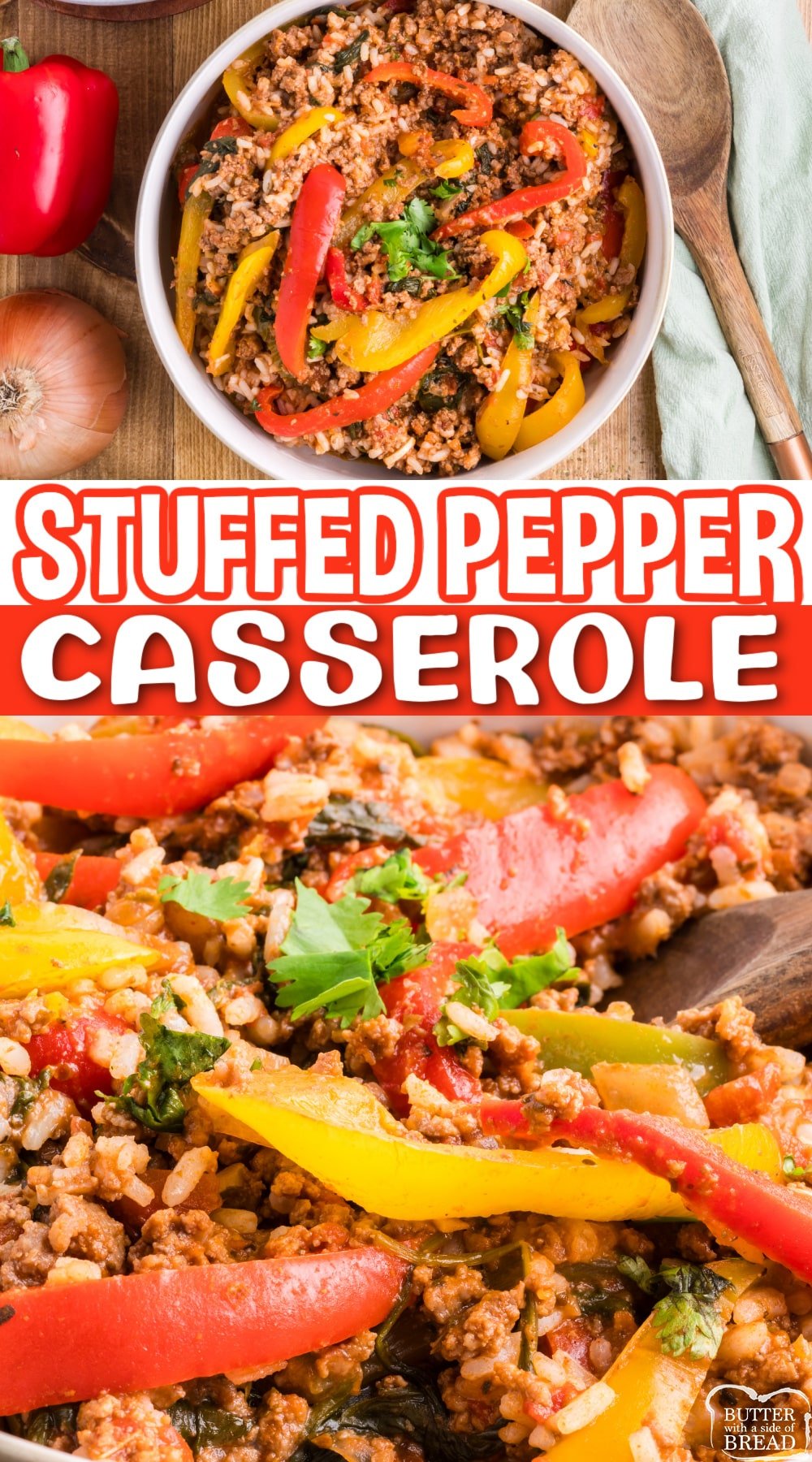 One-Pot Stuffed Pepper Casserole made in less than 30 minutes is the perfect weeknight dinner recipe. Delicious casserole recipe made with ground beef, rice, peppers, and tons of flavor! 