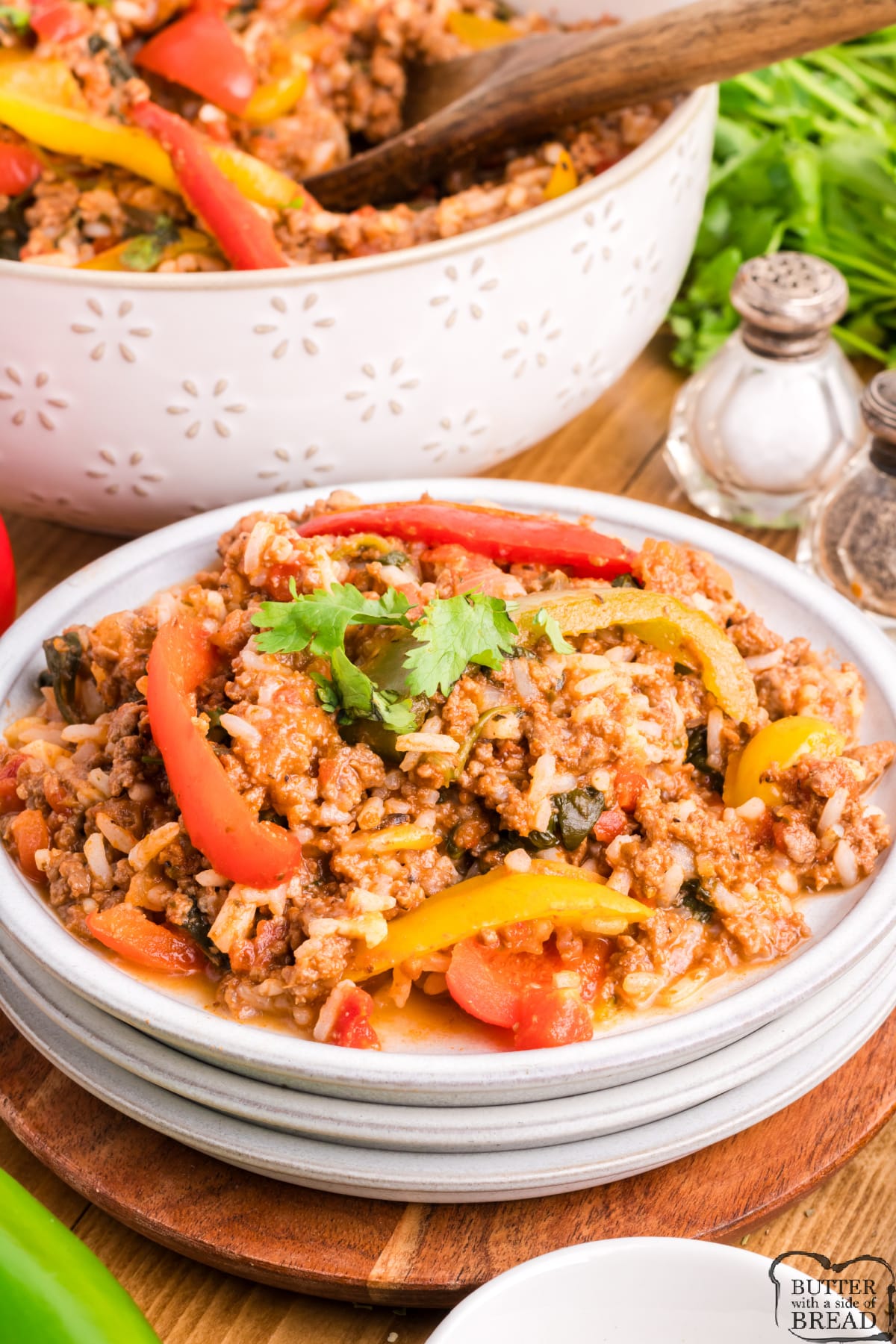 Casserole with ground beef, rice, and peppers. 