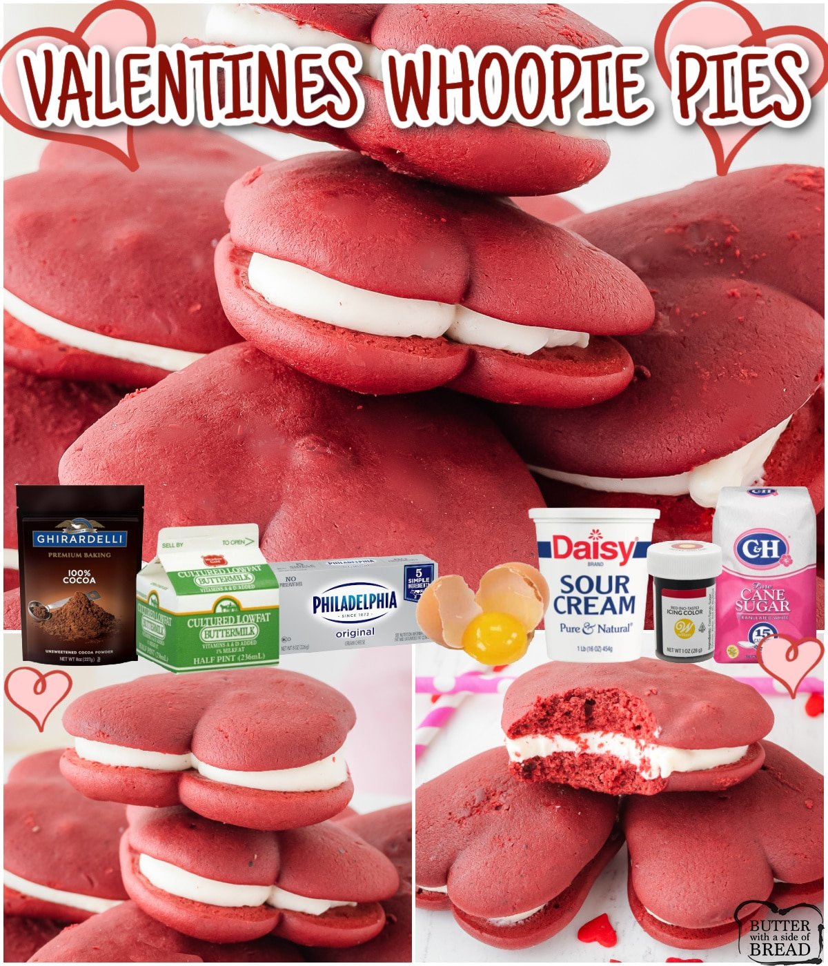 Festive red velvet Valentine's Whoopie Pies made from scratch with butter, sugars, buttermilk, cocoa powder & red coloring! Soft & decadent heart shaped pies filled with silky cream cheese frosting everyone loves! 