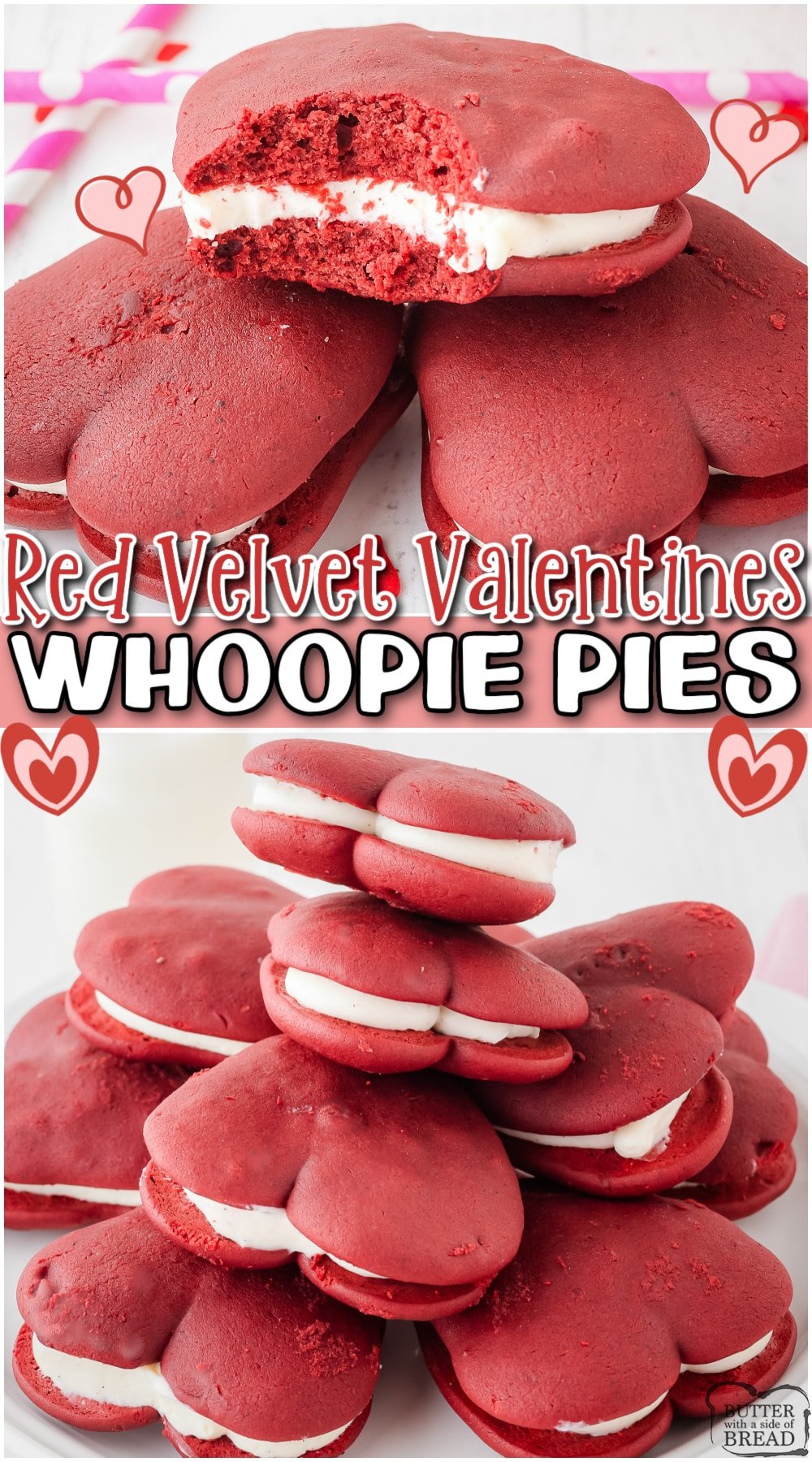 Festive red velvet Valentine's Whoopie Pies made from scratch with butter, sugars, buttermilk, cocoa powder & red coloring! Soft & decadent heart shaped pies filled with silky cream cheese frosting everyone loves! 