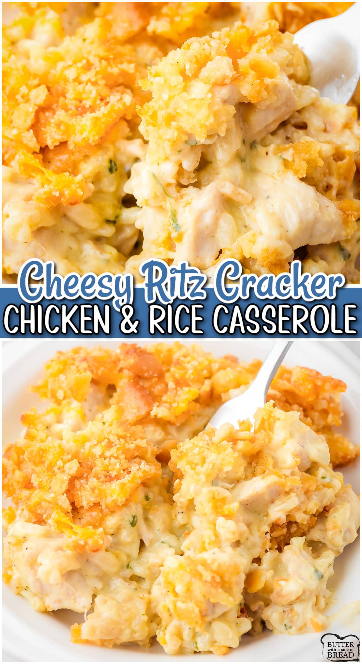 Delicious Ritz Cracker Chicken and Rice Casserole made with simple pantry ingredients for a classic, comforting dish! Creamy, flavorful chicken casserole topped with toasted buttery crackers everyone loves! 