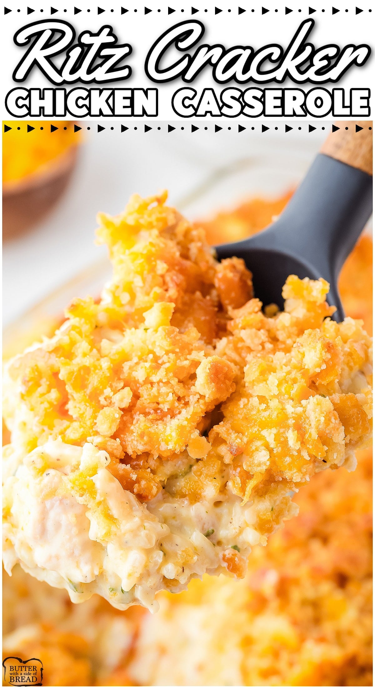 ritz cracker chicken casserole being scooped with a spoon