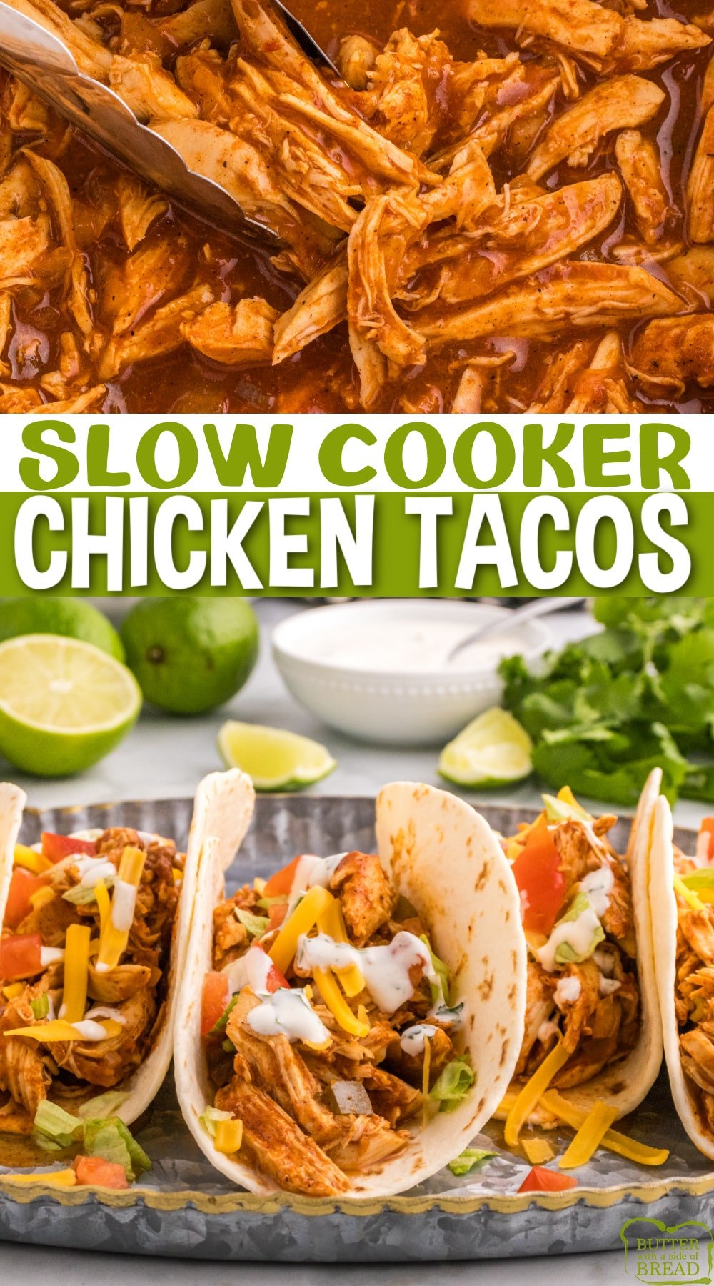 Slow Cooker Chicken Tacos are juicy and packed with flavor. Quick and easy dinner recipe that only requires a few minutes of prep time. 