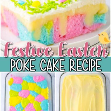 Festive Easter Poke Cake starts with a cake mix which is baked & poked, layered with a white chocolate pudding & topped with a sweetened whipped cream and sprinkles! This colorful and flavorful pudding poke cake is perfect for any Easter celebration, and it's incredibly easy to make.