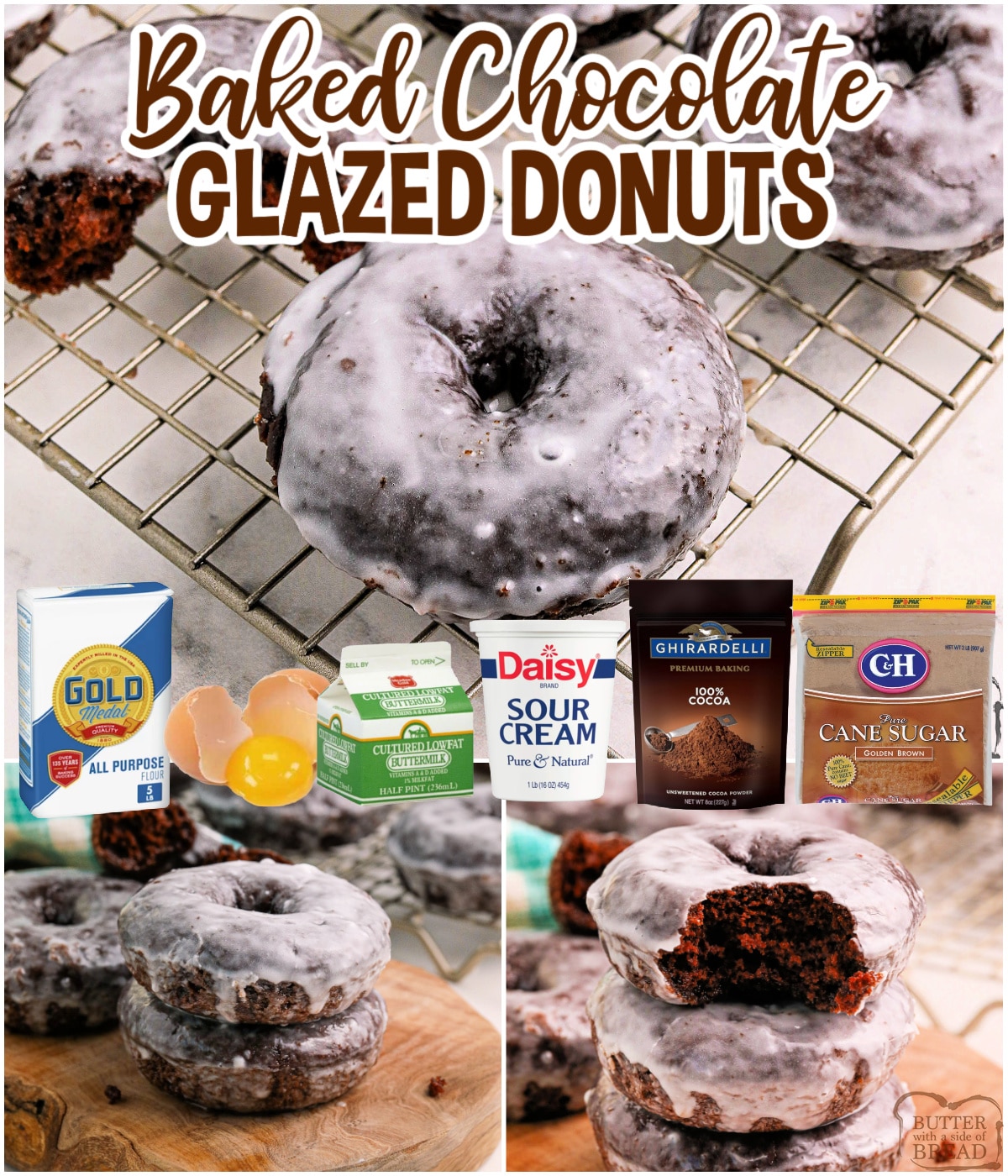 Baked Chocolate Glazed Donuts are made completely from scratch with sour cream, buttermilk, and a simple powdered sugar glaze.