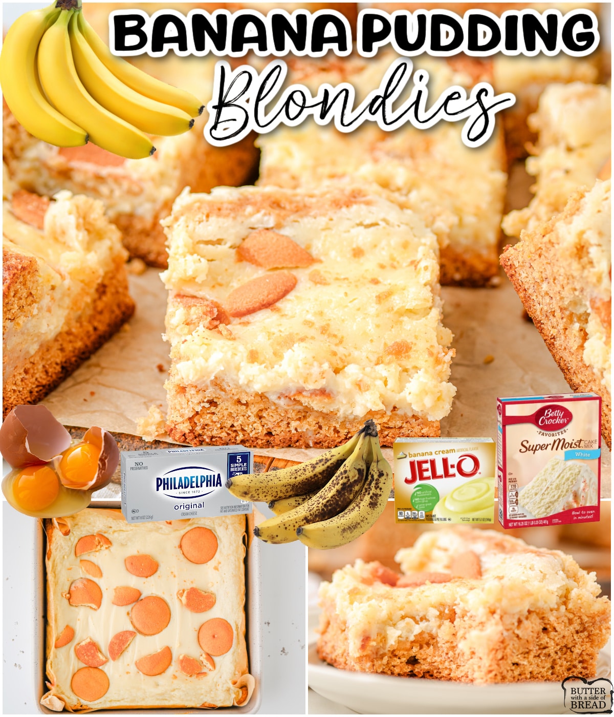 Banana Pudding Brownies are a delightful treat made with cake mix, banana pudding & a banana! These blonde brownies are baked with a sweetened cream cheese topping which compliments the banana flavor perfectly!