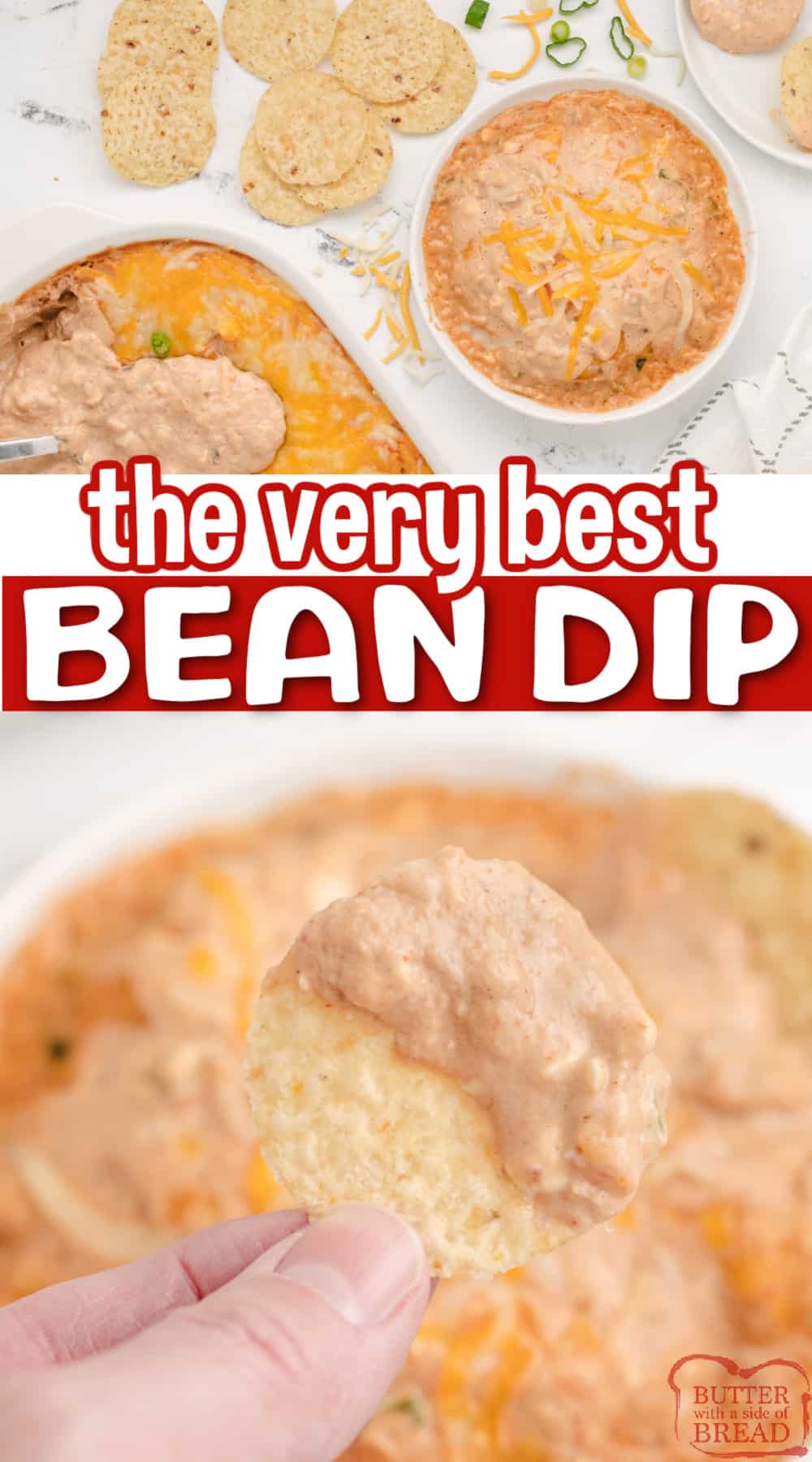 Easy Bean Dip recipe is simple, delicious, and perfect for serving with chips and sliced veggies. This easy dip recipe is loaded with refried beans, cream cheese, sour cream, and tons of flavor! 