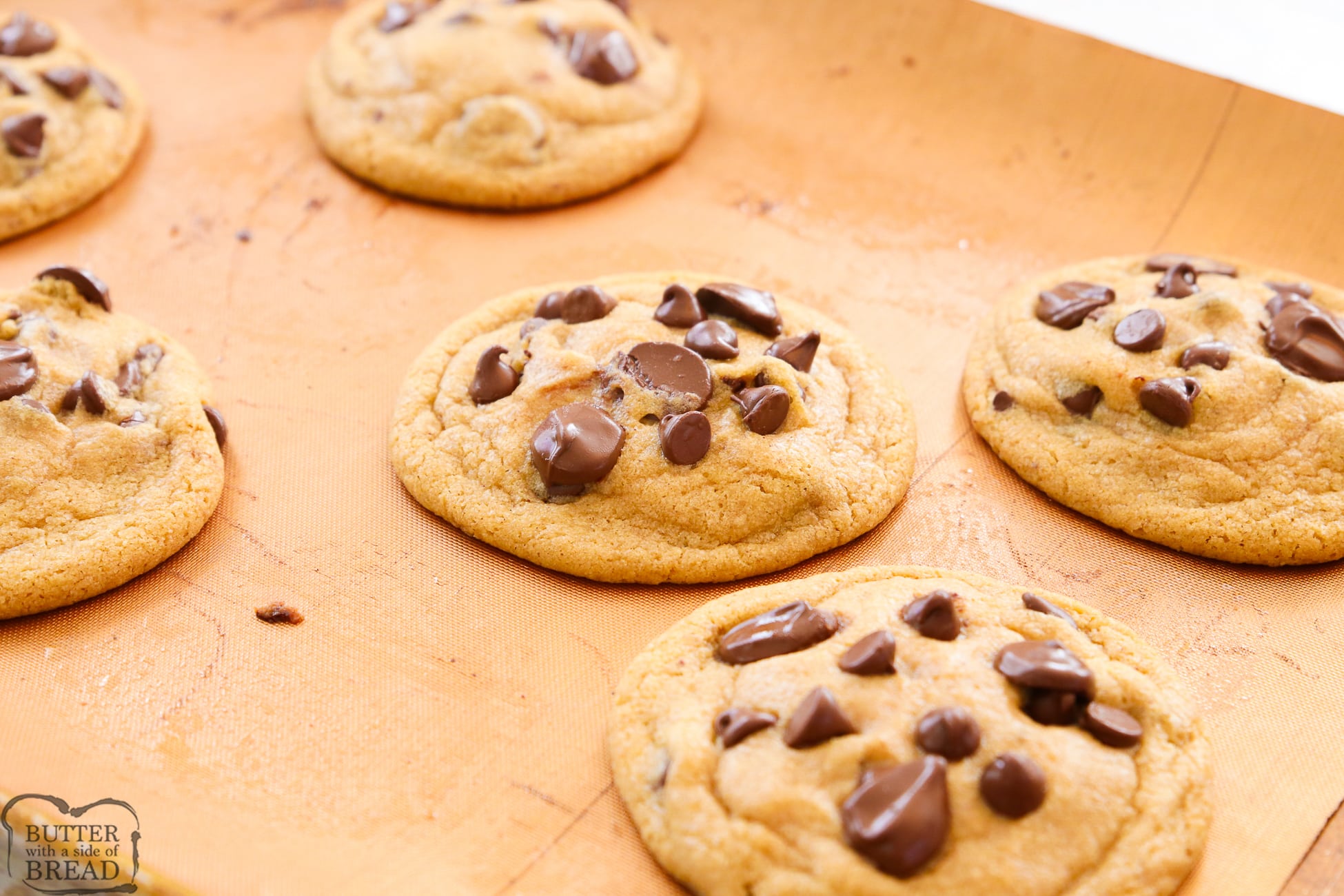 best brown butter chocolate chip cookies on a baking sheet pan