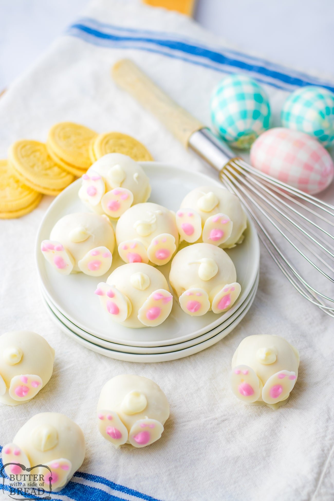 Lemon oreo cookies blended with cream cheese dipped in white chocolate to look like bunny butts