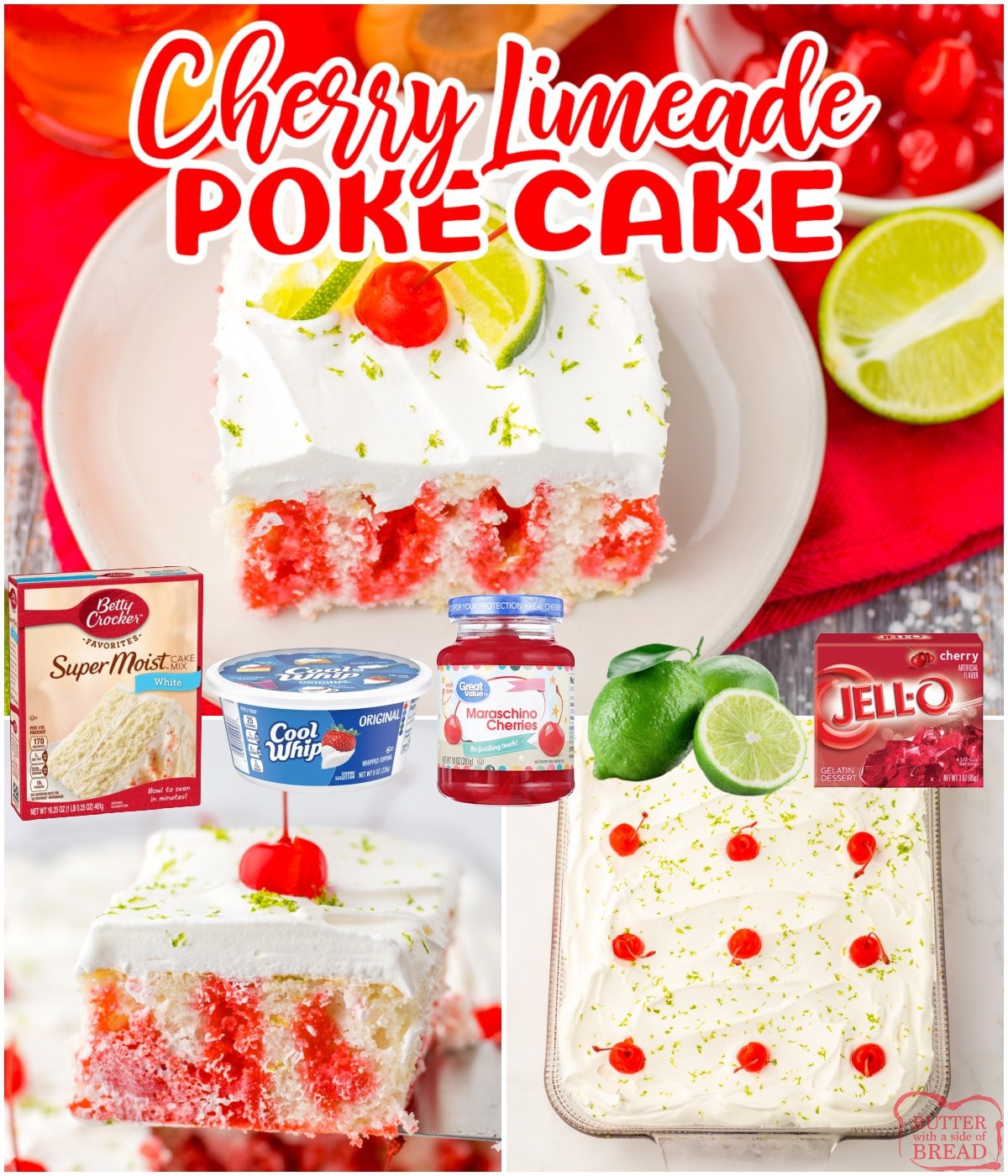 Cherry Limeade Poke Cake is made with cherry jello, whipped cream, lime zest, and maraschino cherries. This cake is cool and refreshing and tastes like a tall, icy glass of cherry limeade. 