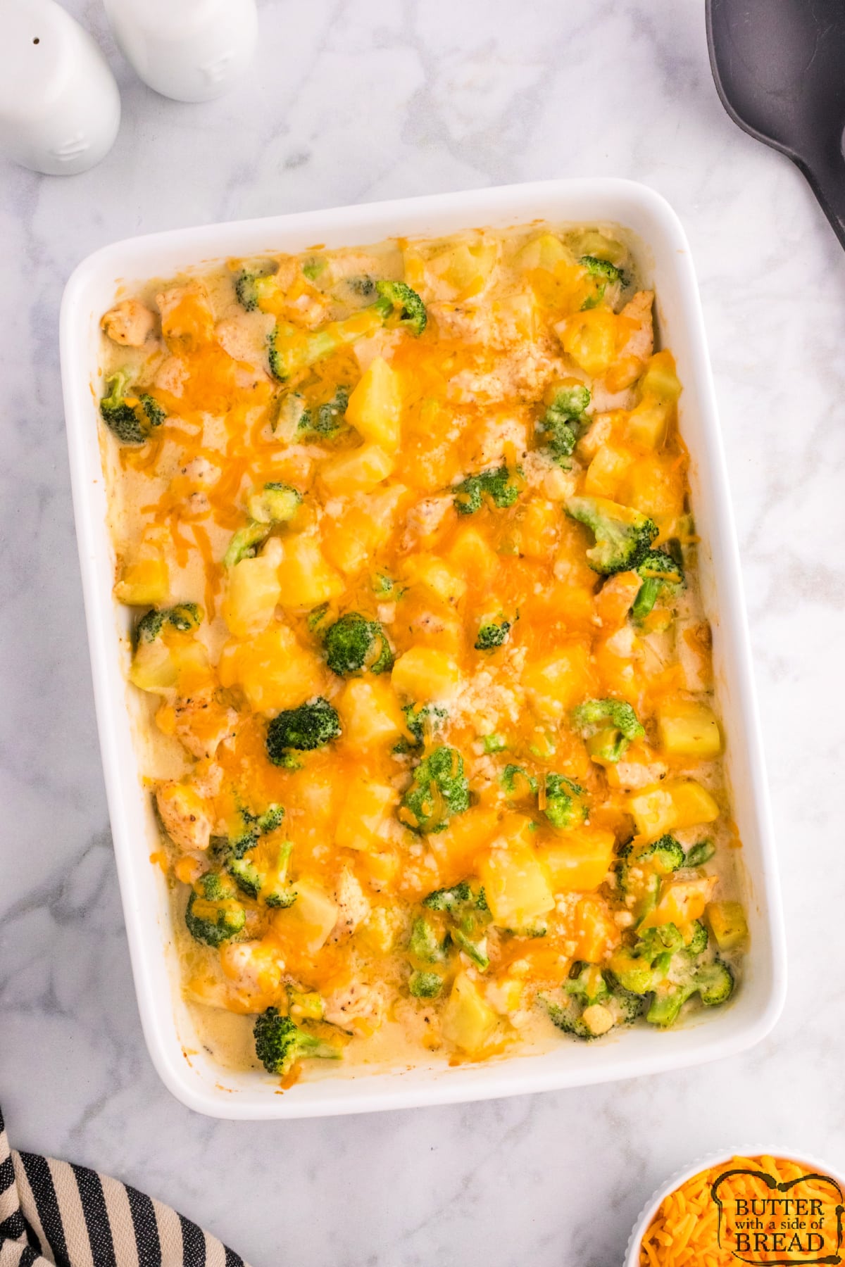 Casserole made with broccoli, potatoes, cheese, and chicken. 