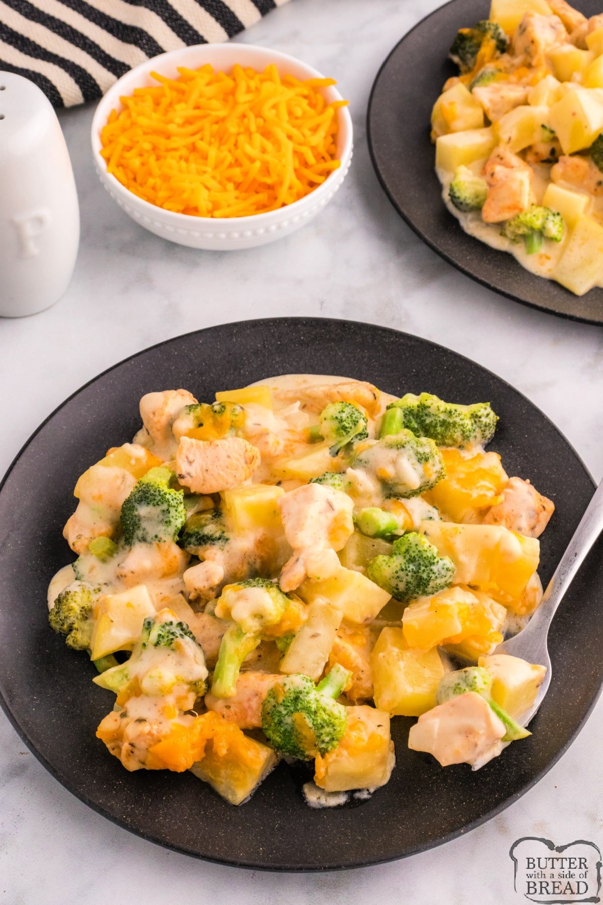 Casserole made with potatoes, cheese, broccoli, and cheese. 