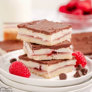 layered chocolate raspberry bars with cream cheese
