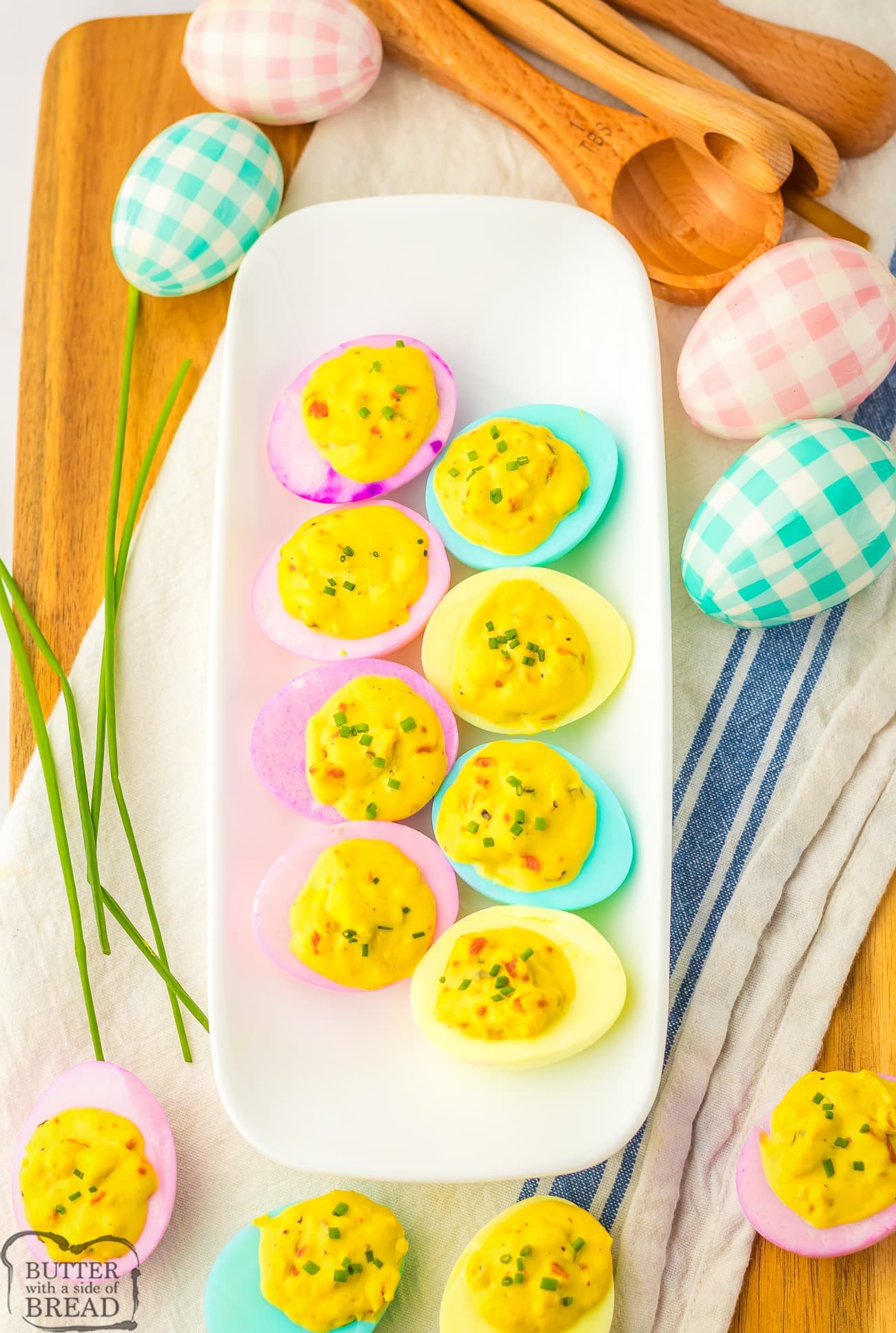 classic deviled eggs made using pastel dyed Easter eggs