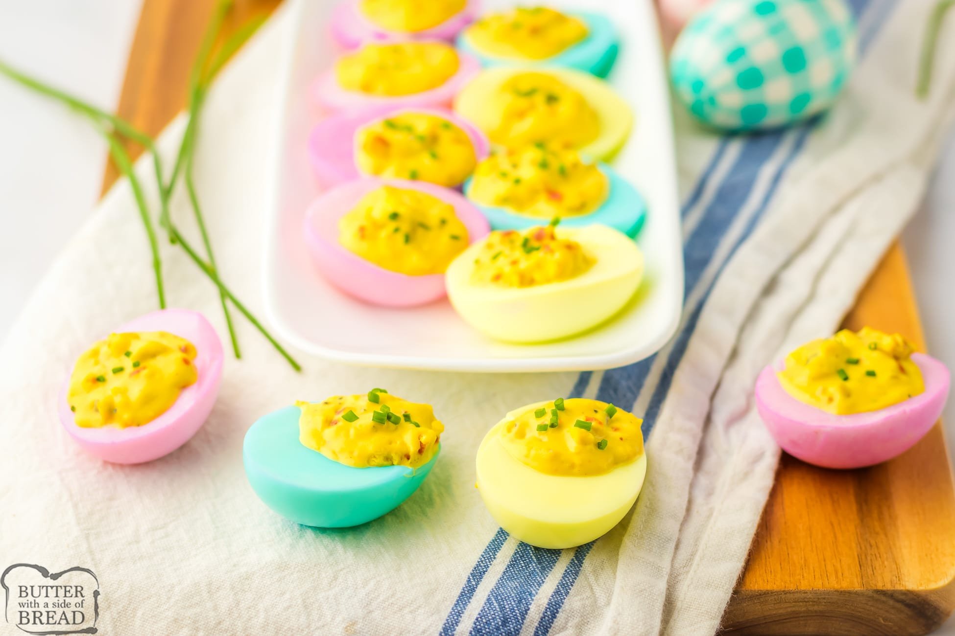 pastel Easter eggs made into deviled eggs