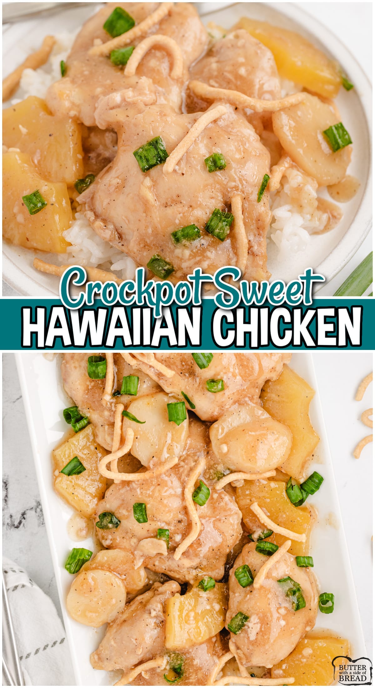 Sweet Hawaiian Crockpot Chicken is made with tender chicken & pineapple slow cooked in a savory sauce that's perfect topped with chow mein noodles! Flavorful chicken dinner everyone loves!