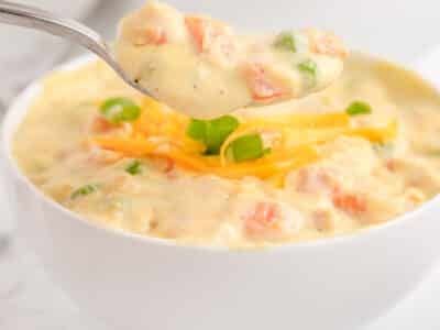 bowl of curry sweet potato chowder with vegetables