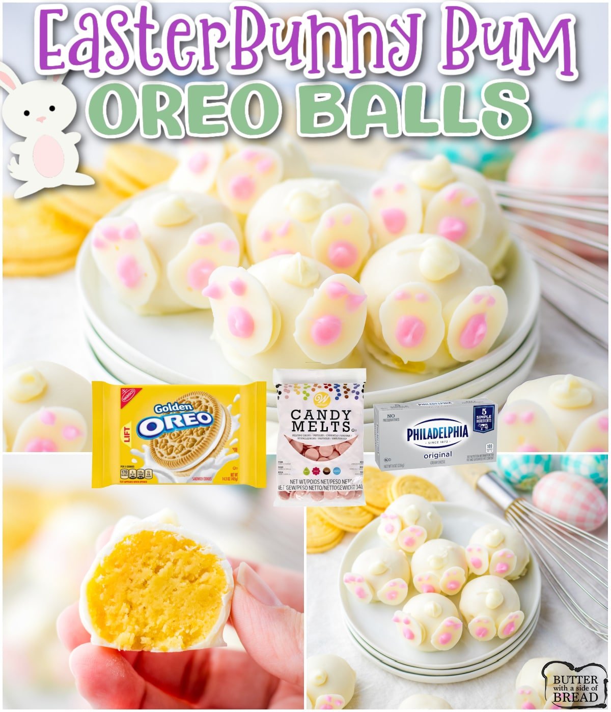 Adorable Easter Bunny Oreo Balls made with crushed cookies mixed with cream cheese, rounded & dipped in white candy to look like darling bunny bums!