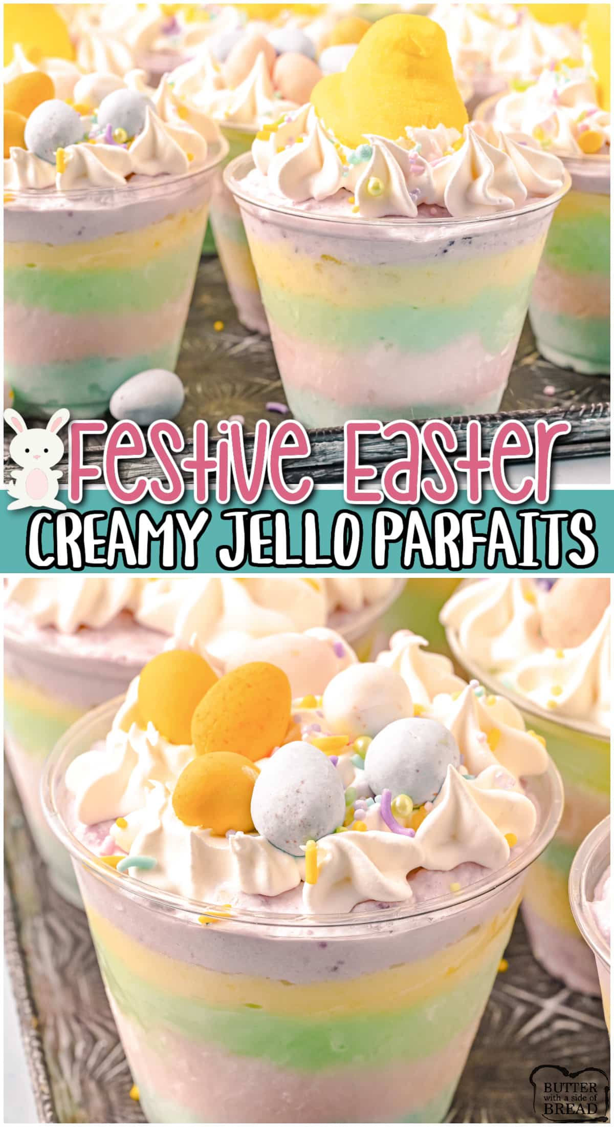 Creamy Easter Jello Parfaits are a simple, festive holiday treats that is made with only 4 different ingredients!