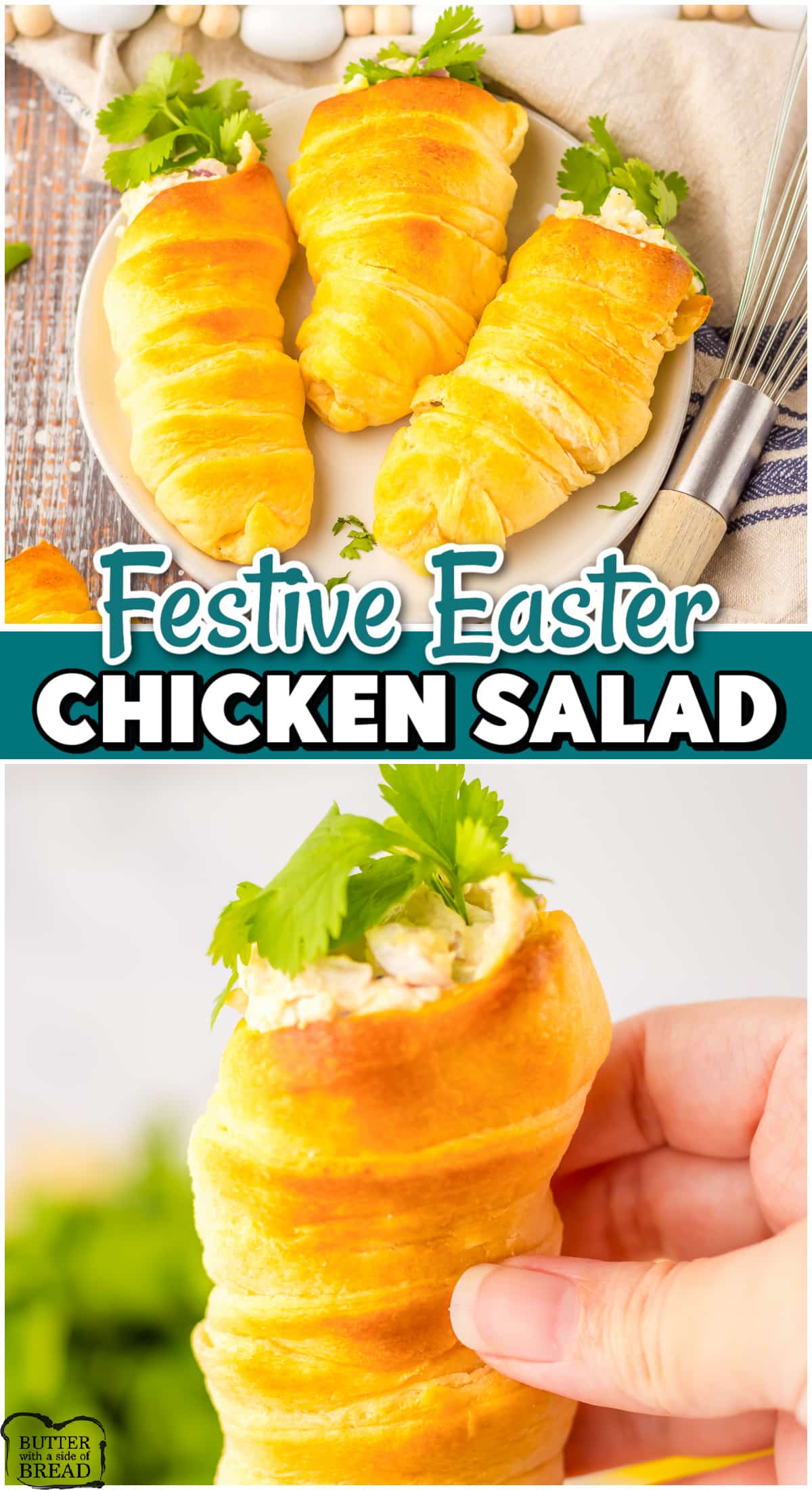 Chicken Salad Crescents in the shape of a carrot are perfect for Easter! Simple, flavorful chicken salad stuffed into baked crescent rolls that use parsley to look like a carrot. These cute, festive sandwiches are great for any Spring get-together or event!