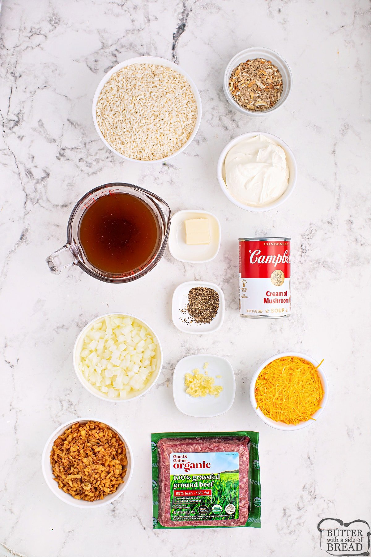 Ingredients in French Onion Beef Rice Casserole. 