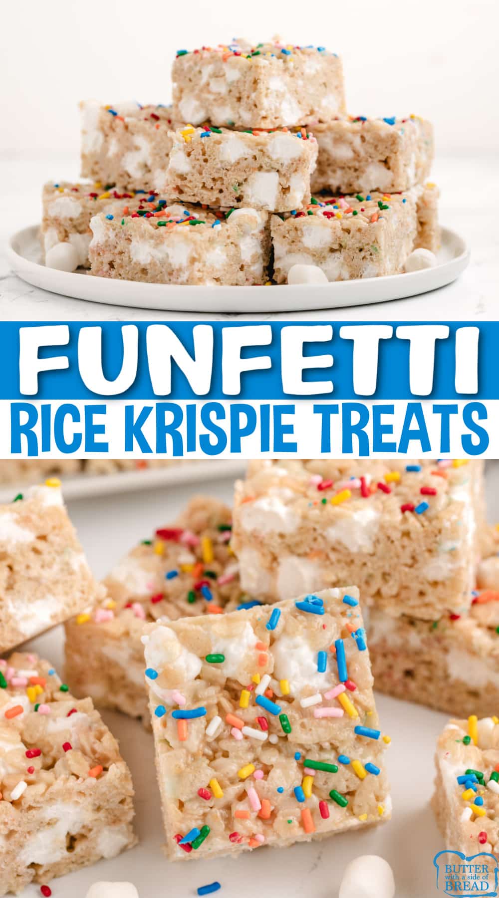 Funfetti Rice Krispie Treats made with Funfetti cake mix taste just like birthday cake! Only 5 ingredients are needed to make this delicious no-bake dessert recipe!