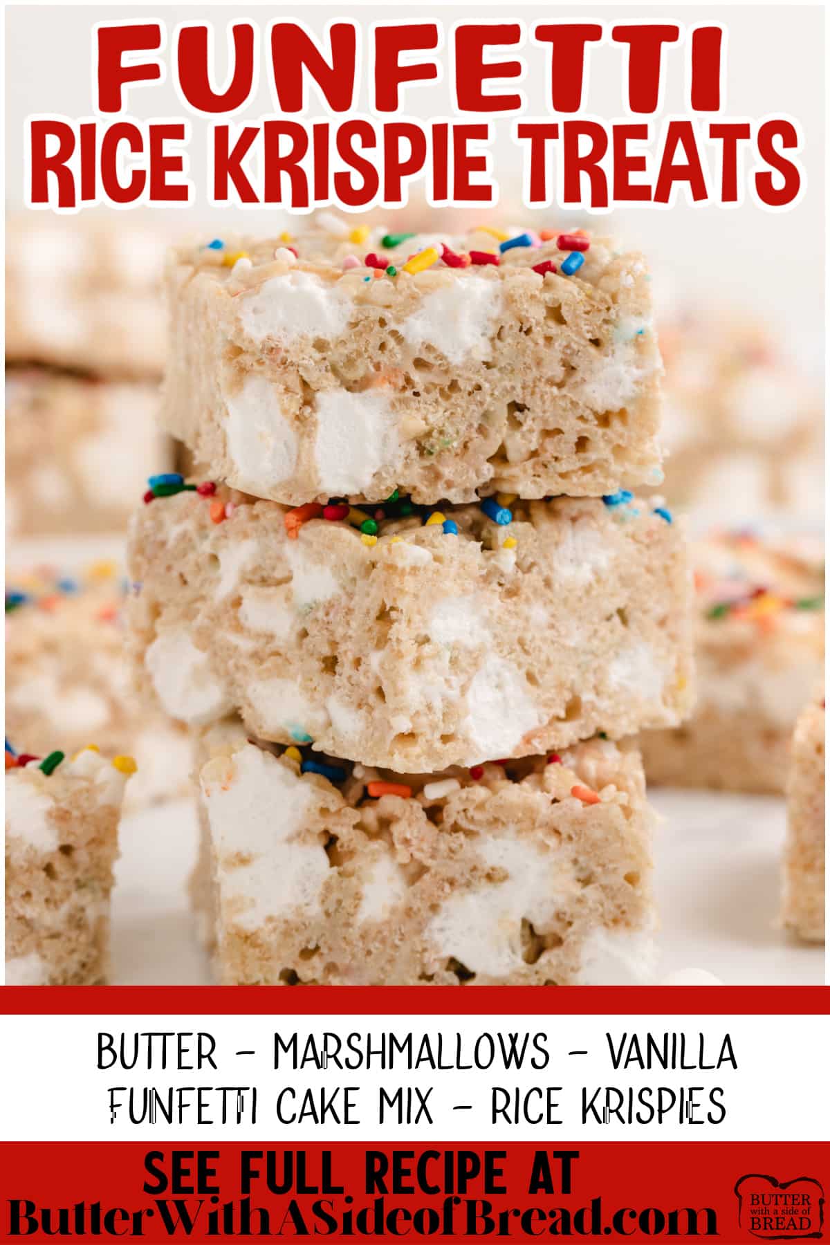 Funfetti Rice Krispie Treats made with Funfetti cake mix taste just like birthday cake! Only 5 ingredients are needed to make this delicious no-bake dessert recipe!