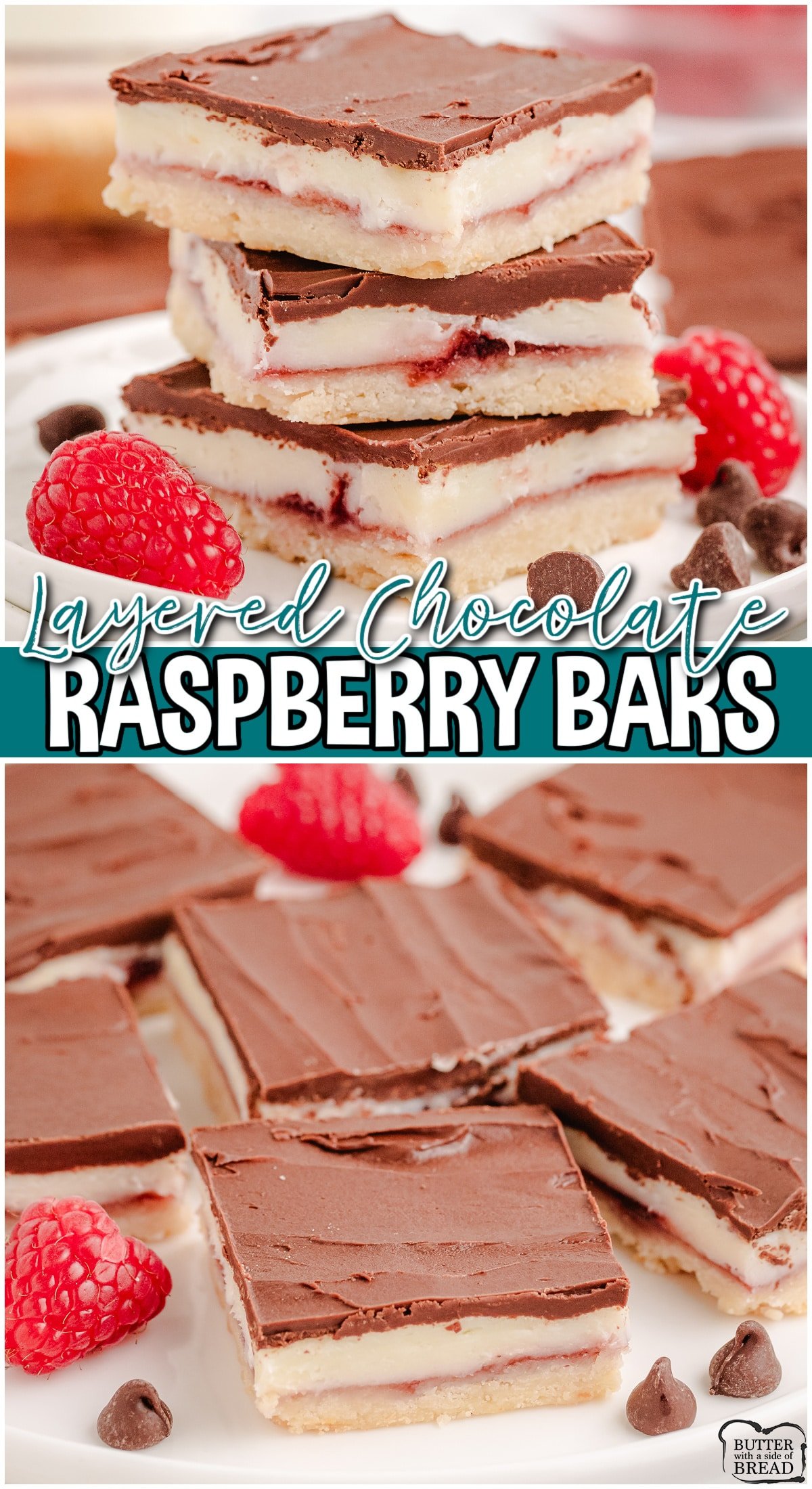 Chocolate Raspberry Bars are buttery shortbread bars topped with a raspberry cream cheese filling and  an easy fudgy topping! These raspberry cheesecake bars are perfect for any occasion & are sure to impress!