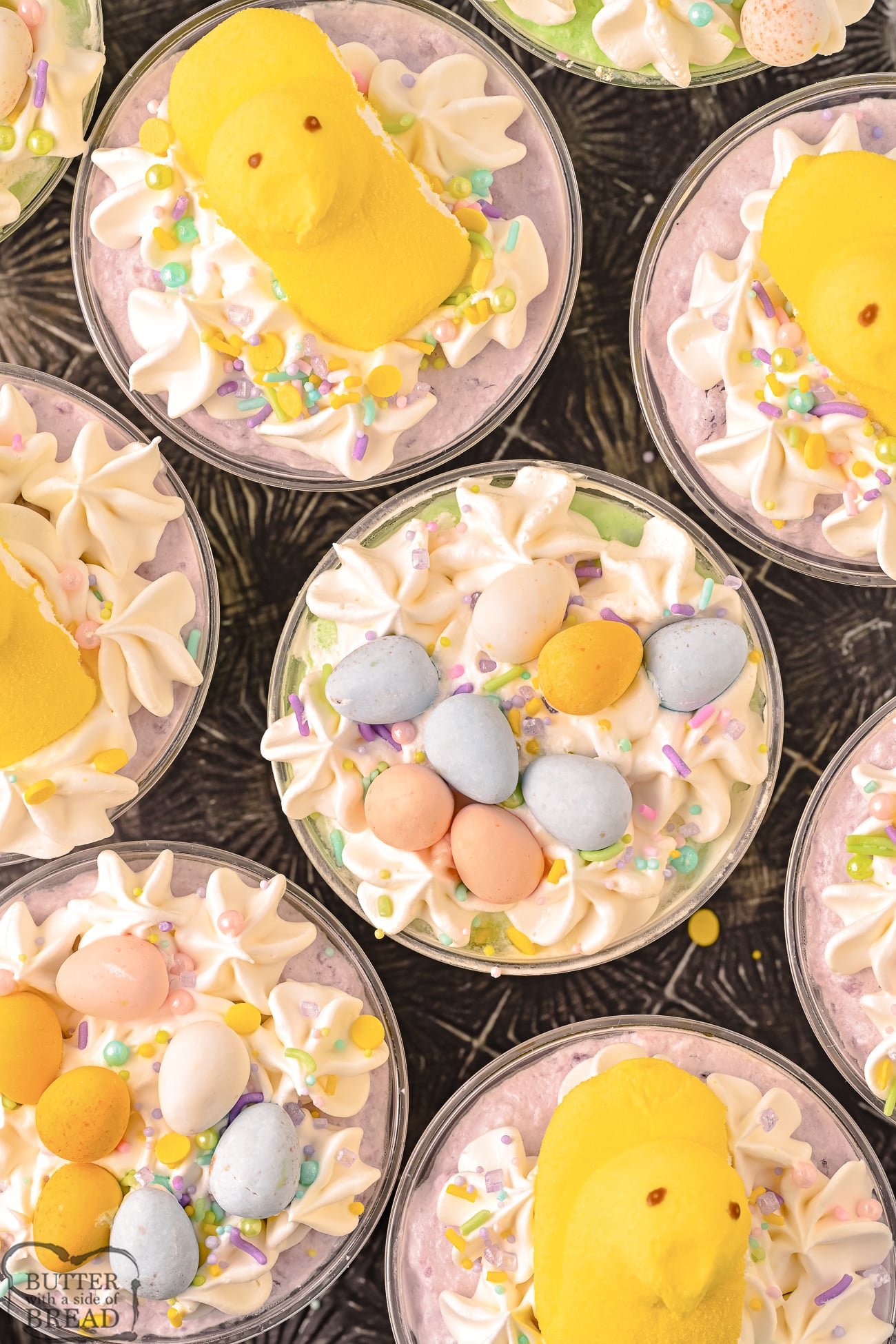 creamy Jello parfaits topped with Easter candy
