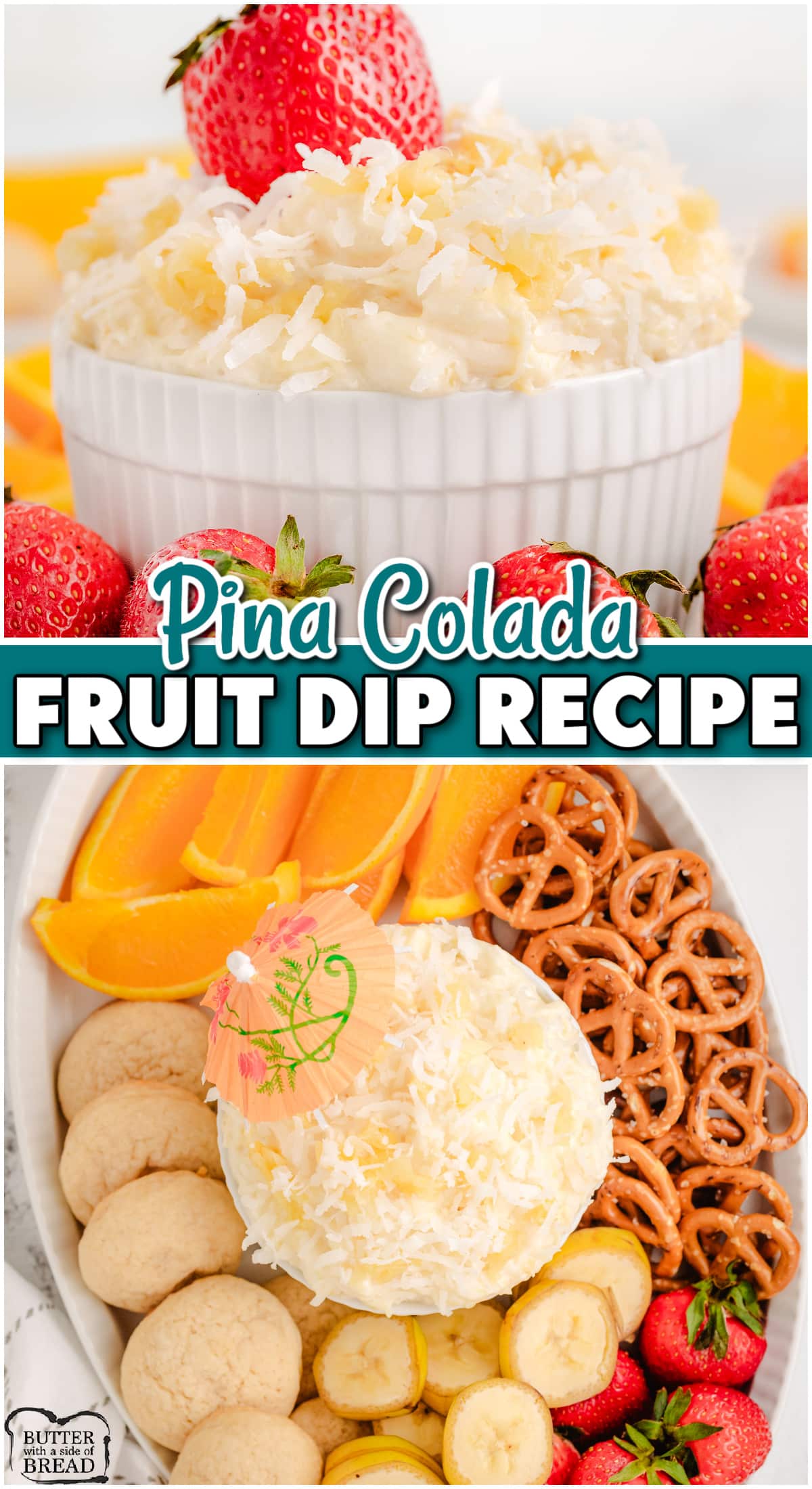 Pina Colada Fruit Dip is a delightful 4 ingredient dip with tangy tropical flavors! Pineapple, coconut, marshmallow creme & cream cheese combine in this sweet dessert perfect for parties!