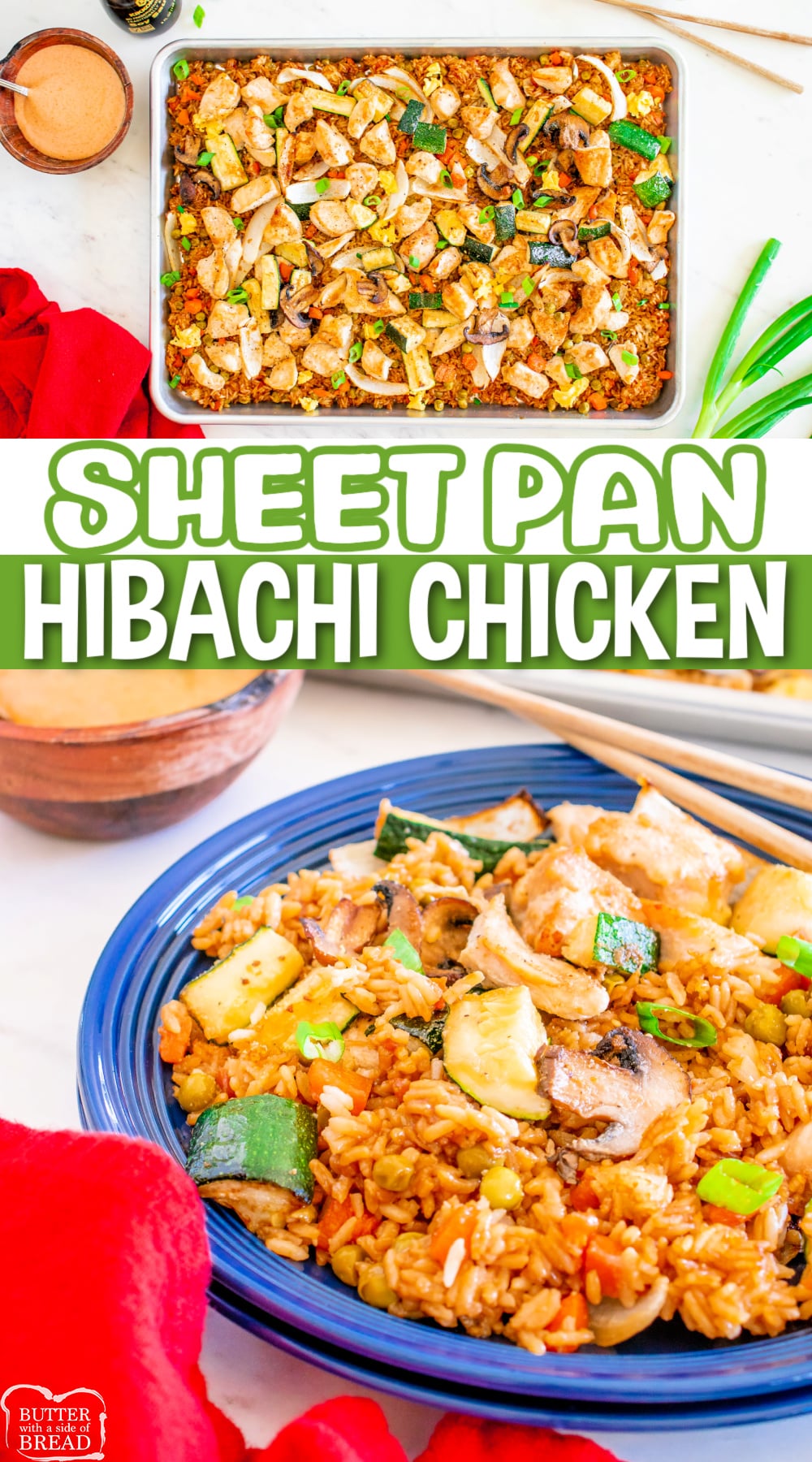 Sheet Pan Hibachi Chicken is a Japanese-inspired meal that is so easy to prepare. A sheet pan dinner recipe made with chicken, veggies, soy sauce, rice, and eggs. 