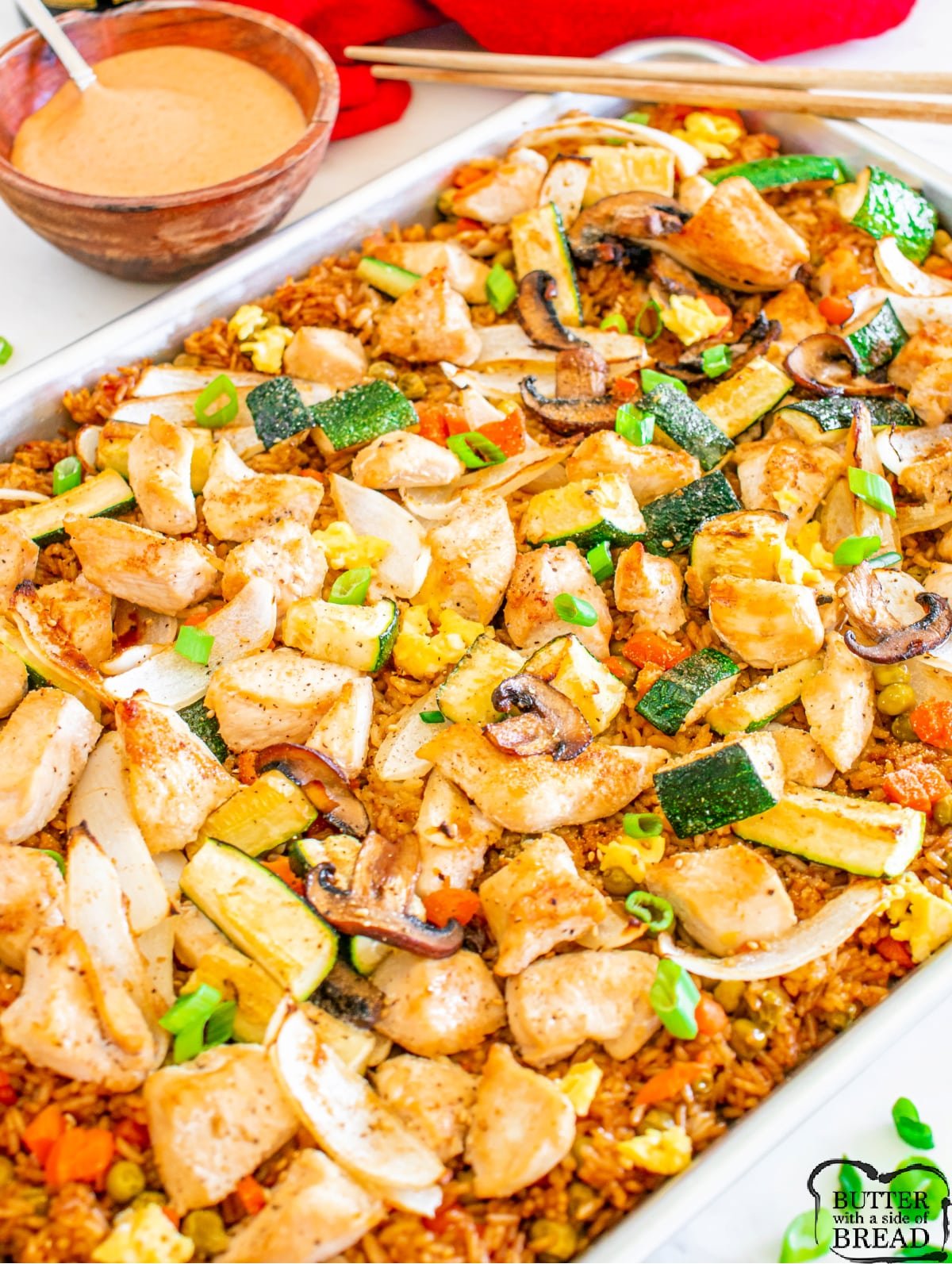 Sheet pan dinner made with Japanese-style chicken and rice. 