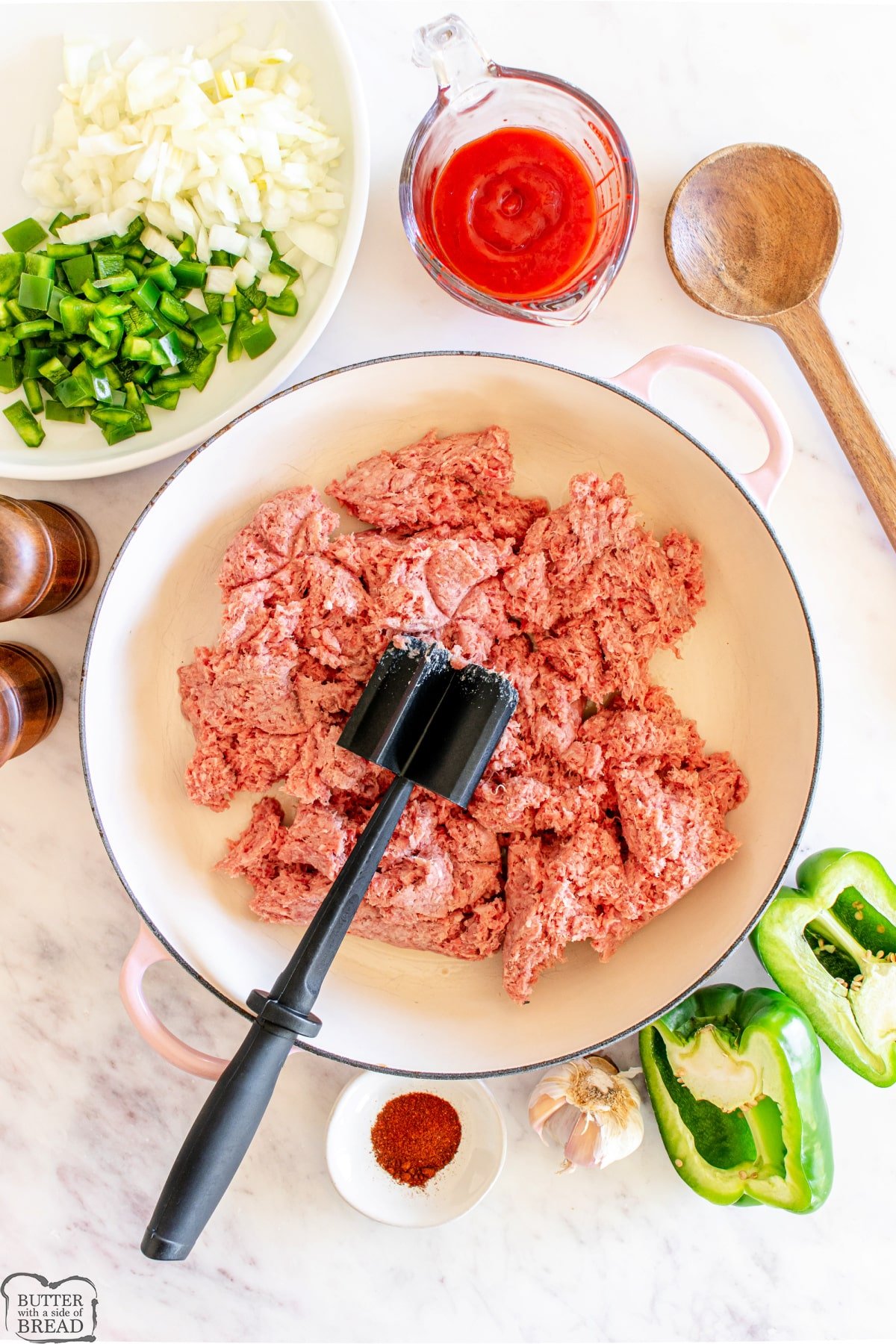 Cooking ground beef in a skillet. 