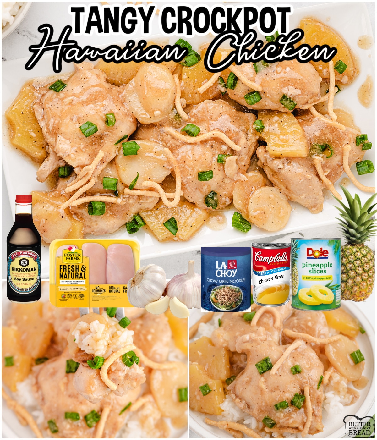 Sweet Hawaiian Crockpot Chicken is made with tender chicken & pineapple slow cooked in a savory sauce that's perfect topped with chow mein noodles! Flavorful chicken dinner everyone loves!