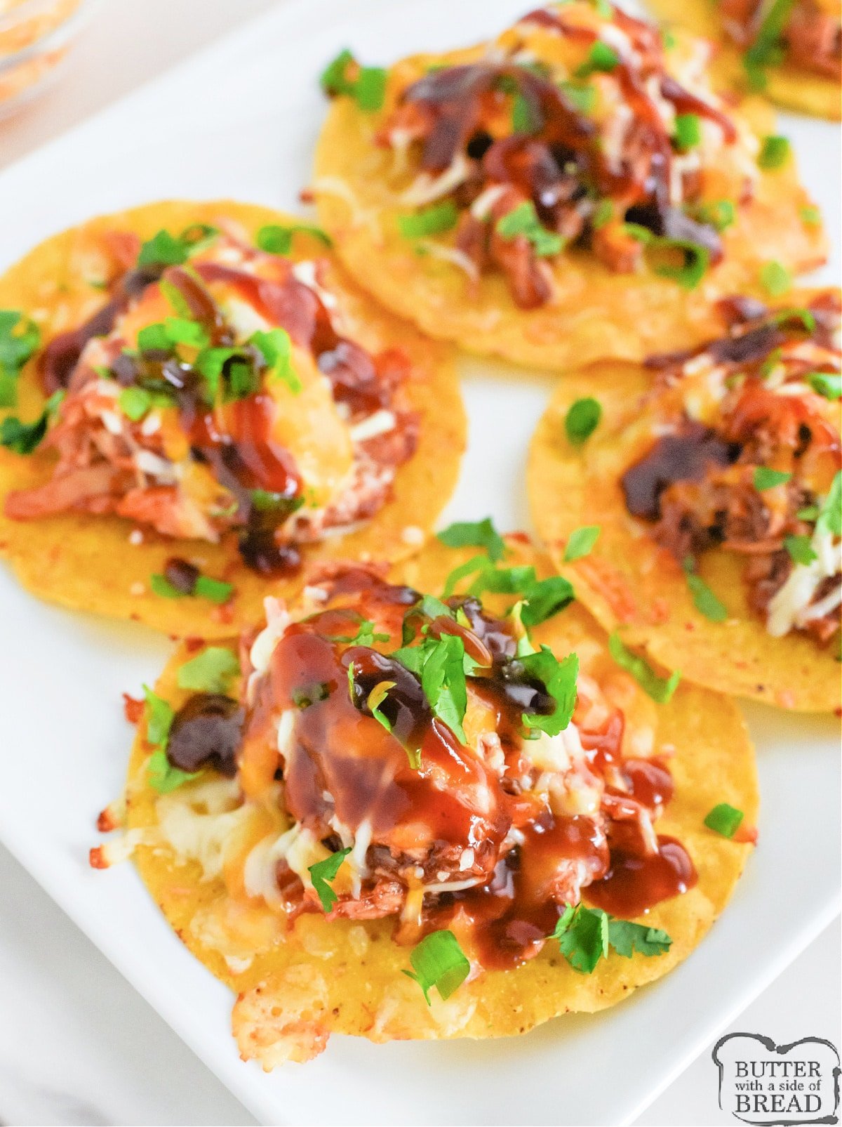 Tostadas made with chicken and cheese. 