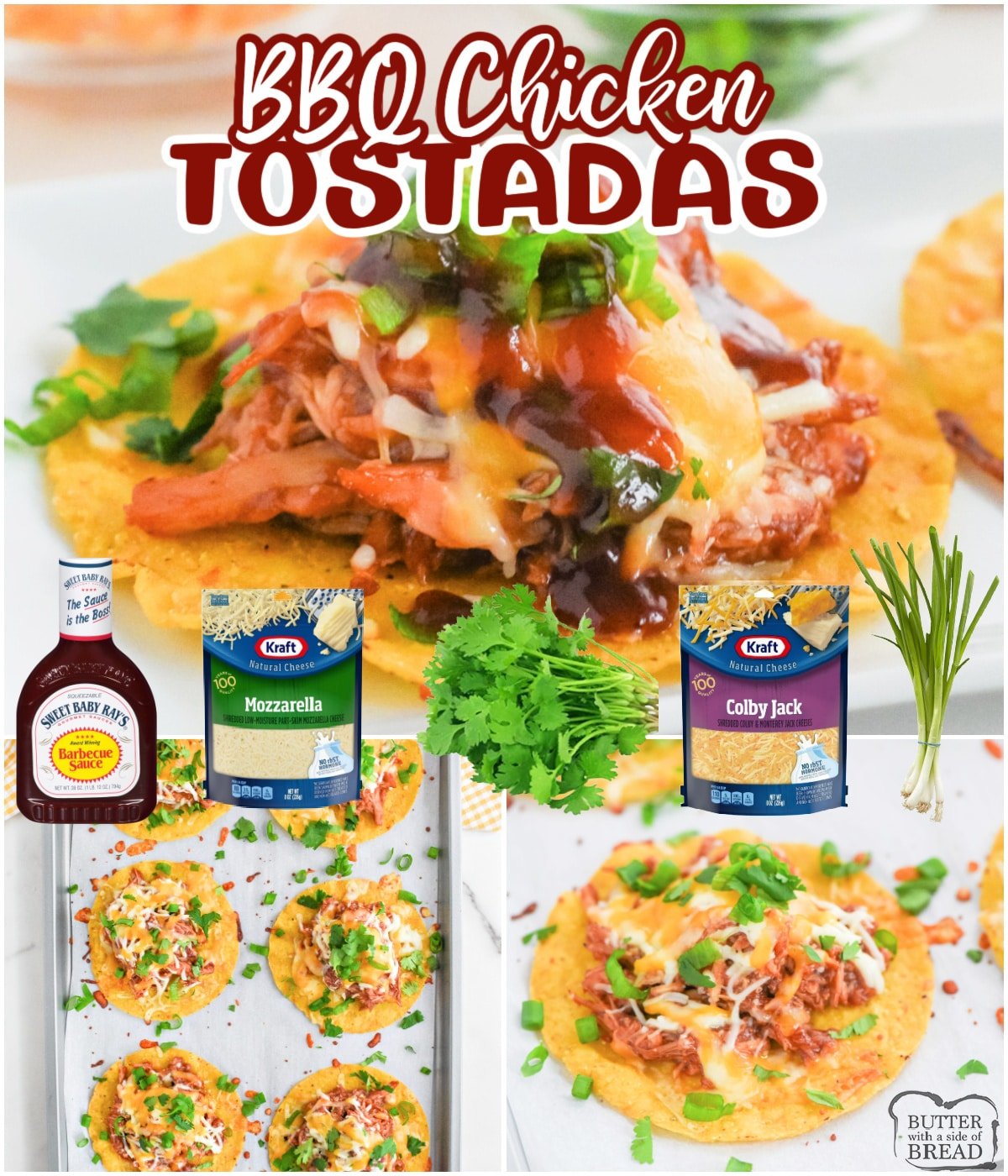 BBQ Chicken Tostadas made with chicken and cheese, then topped with green onions and cilantro. Easy chicken recipe made in less than 15 minutes!