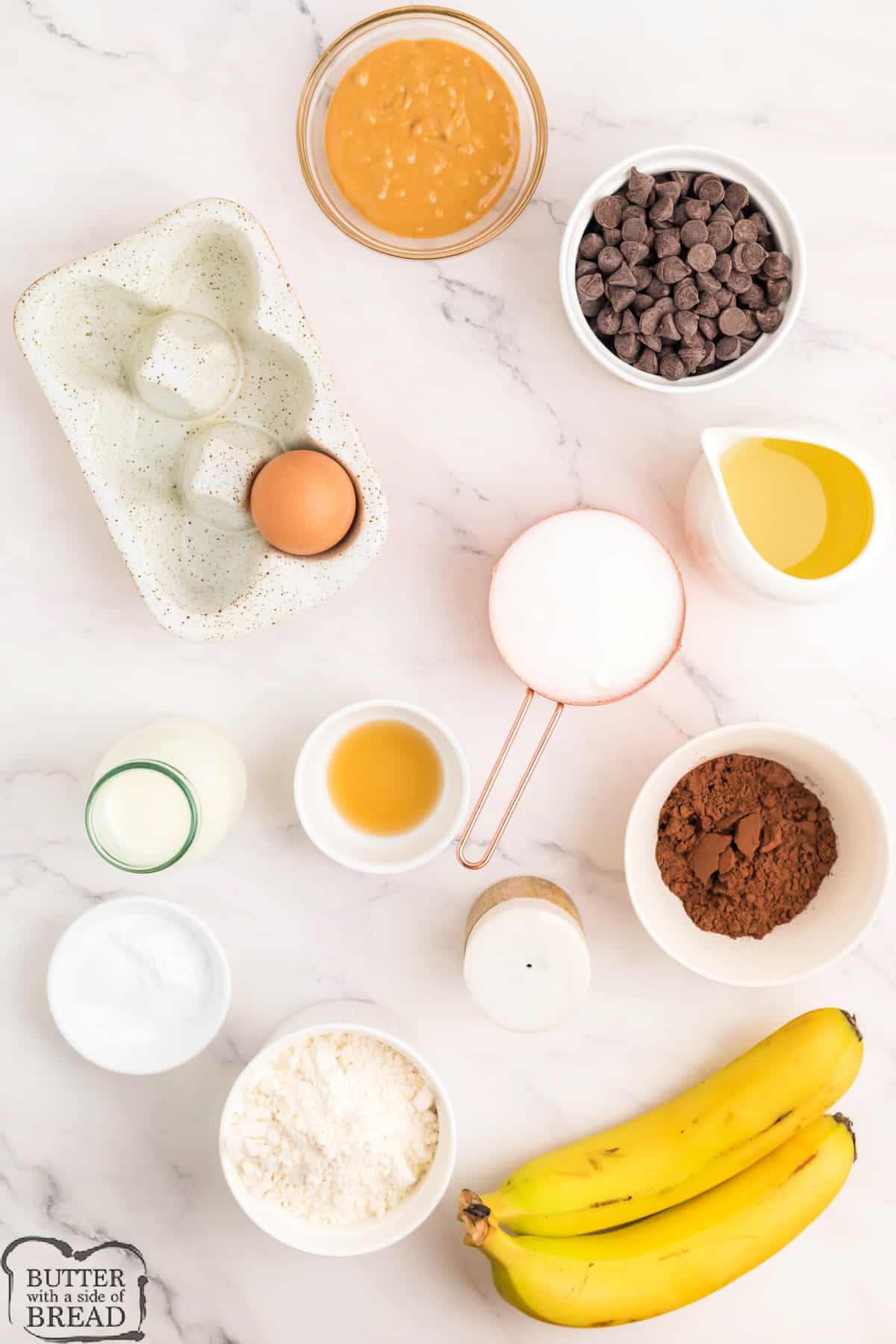 Ingredients in Chocolate Peanut Butter Banana Bread. 