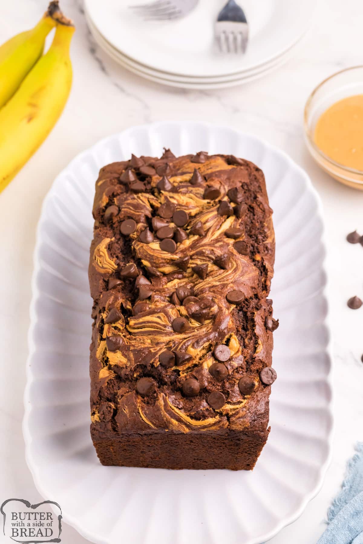 Quick bread made with bananas, chocolate, and peanut butter. 