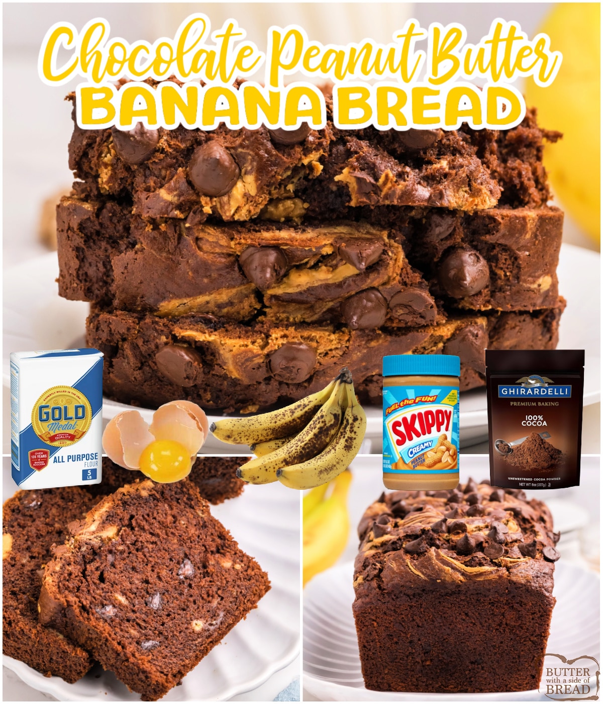 Chocolate Peanut Butter Banana Bread is a twist on the traditional banana bread recipe.  Banana bread is even better when you add chocolate and peanut butter! 